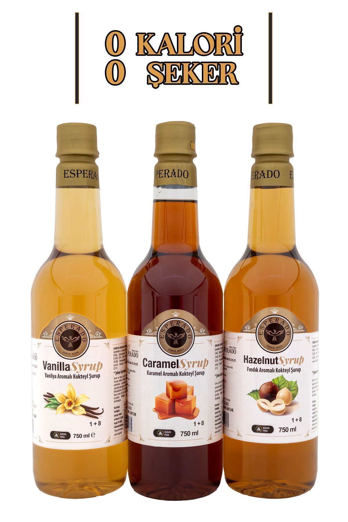 Şekersiz ( Sugar Free) - Vanilya * Karamel * Fındık Aromalı Kahve Şurubu - 3 Lü Set - 750 ml X 3 Ad.