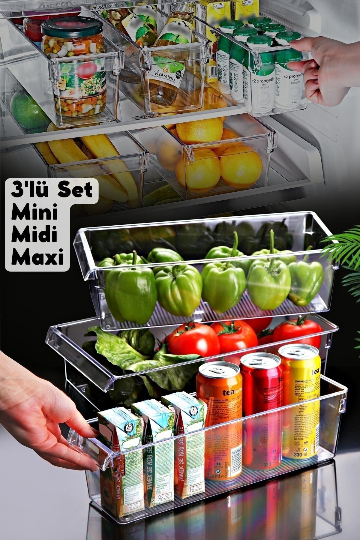 3'lü Set Tall Clear Buzdolabı & Dolap Içi Düzenleyici Organizer