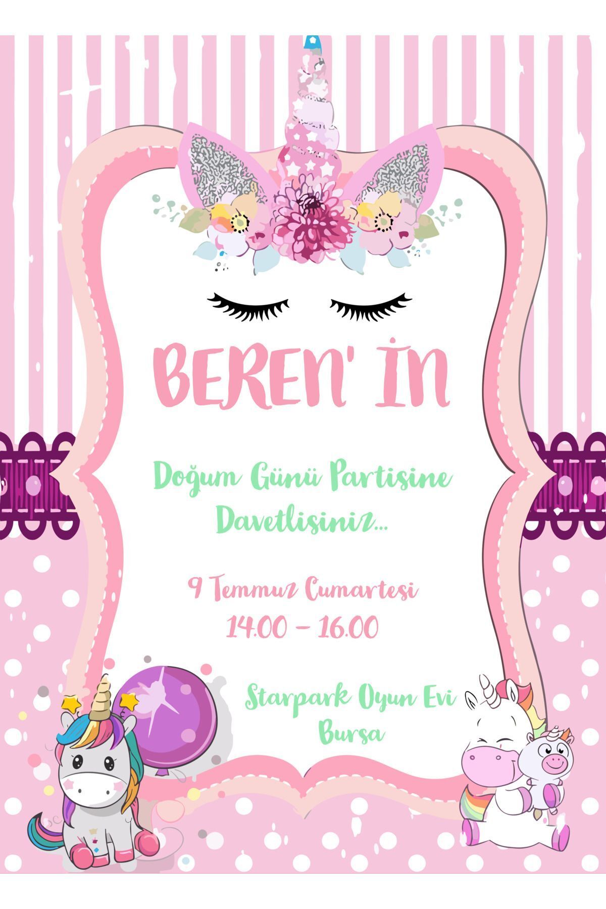 Unicorn Temalı Doğum Günü Davetiyesi 210-05 (100 ADET)