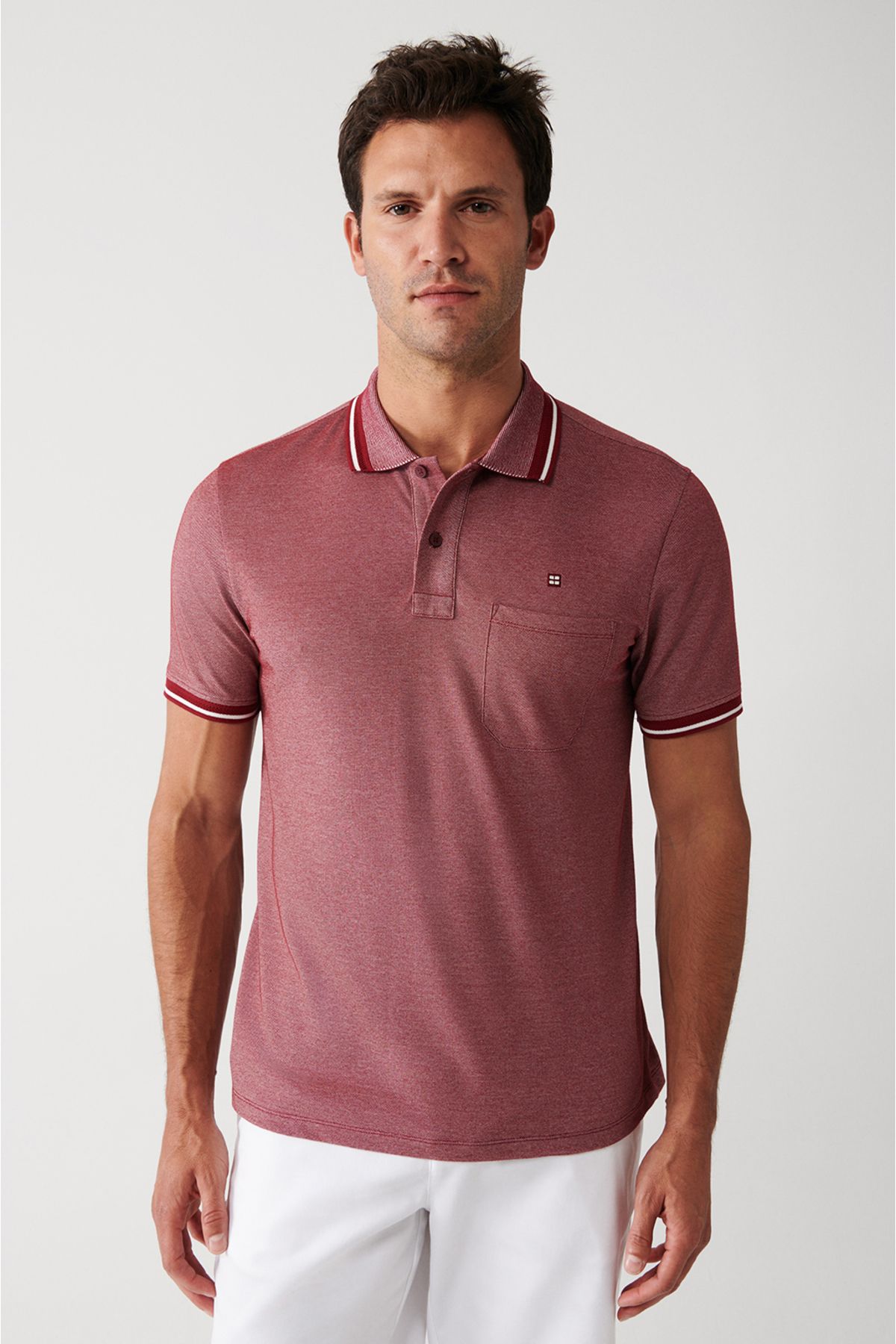 Erkek Bordo Polo Yaka T-shirt Kıvrılmaz Yaka Cepli Regular Fit 2 Düğmeli E001031