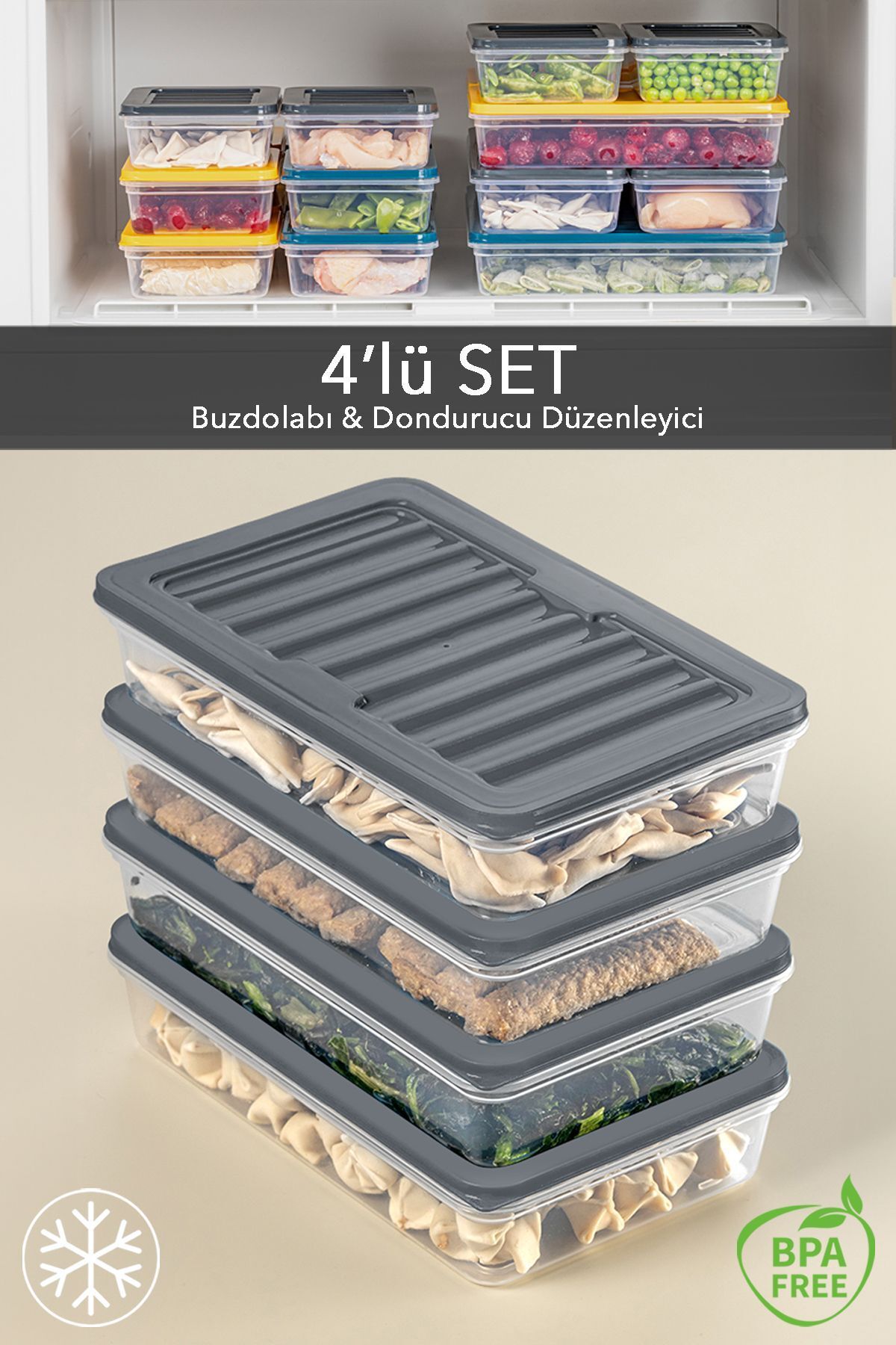 4'lü Buzdolabı Organizer Mikrodalga Ve Difrize Uygun Saklama Kabı Antrasit 4 X 1200 ml