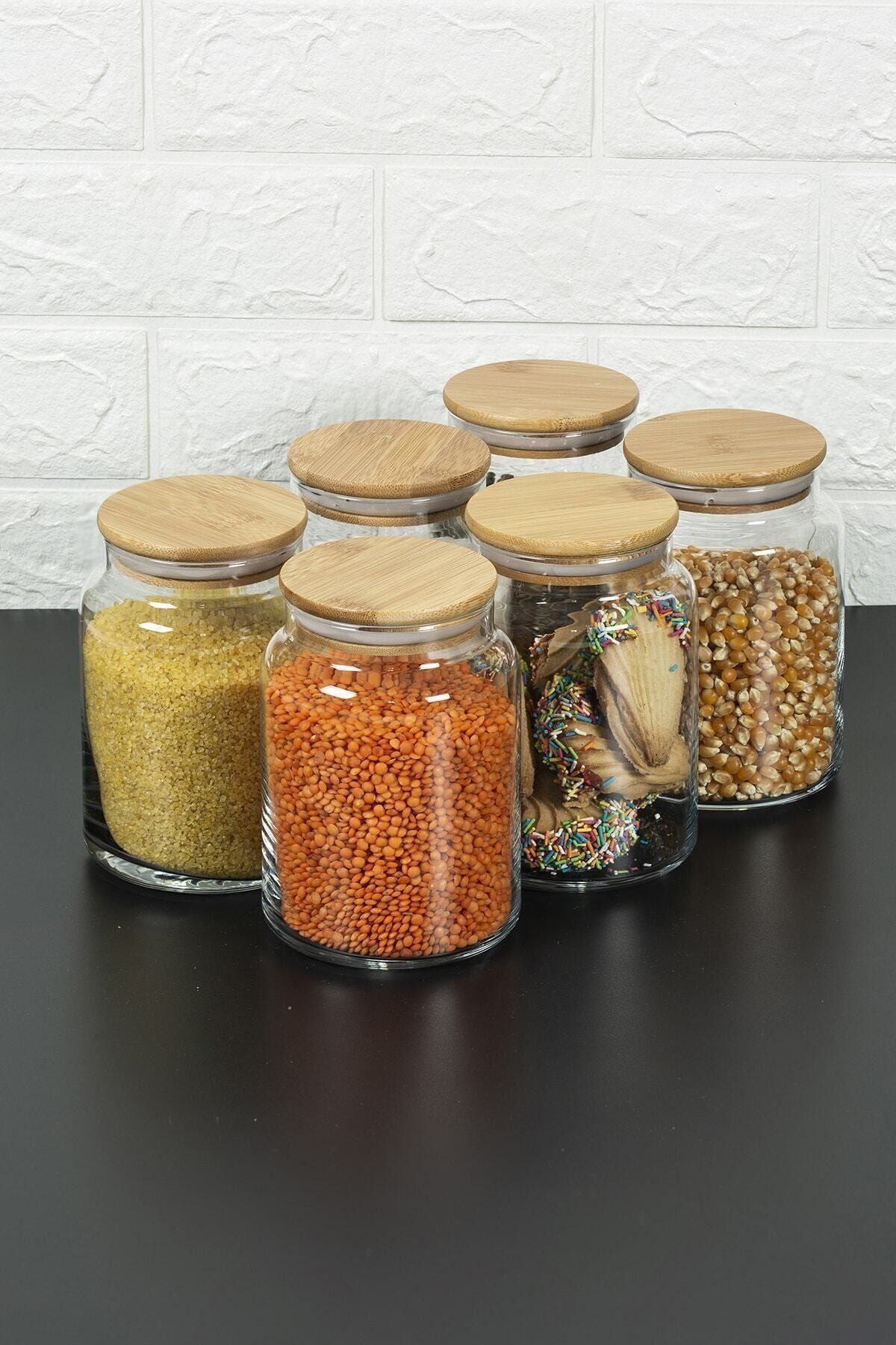 6'lı Bambu Kapaklı Vakumlu Cam Kavanoz - Baharat Takımı 1000 ml