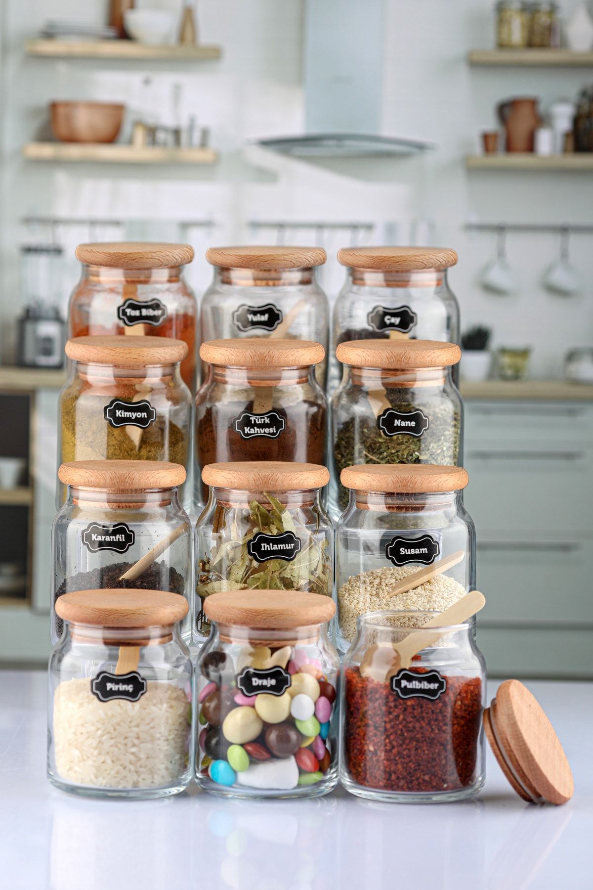 Etiketli, Bambu Kapaklı Ve Kaşıklı 12'li Lüx Baharat Takımı 300 ml