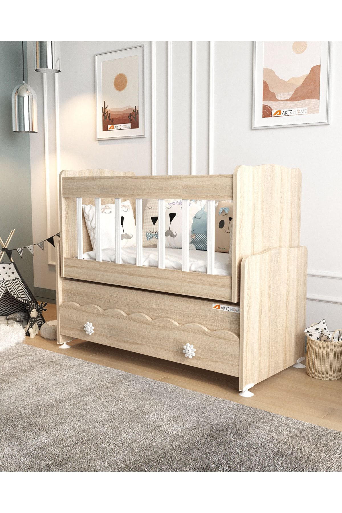 Çekmeceli Sallanır Anne Yanı Ahşap Bebek Beşiği Sonoma