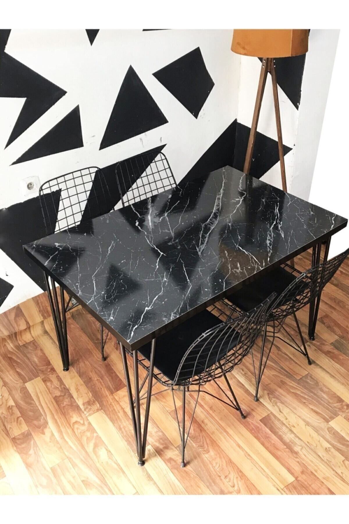 Siyah Mermer Desen 70x110yemek Masası Mutfak Masası 4 Kişilik Tel Sandalyeli 70x120cm Tabla
