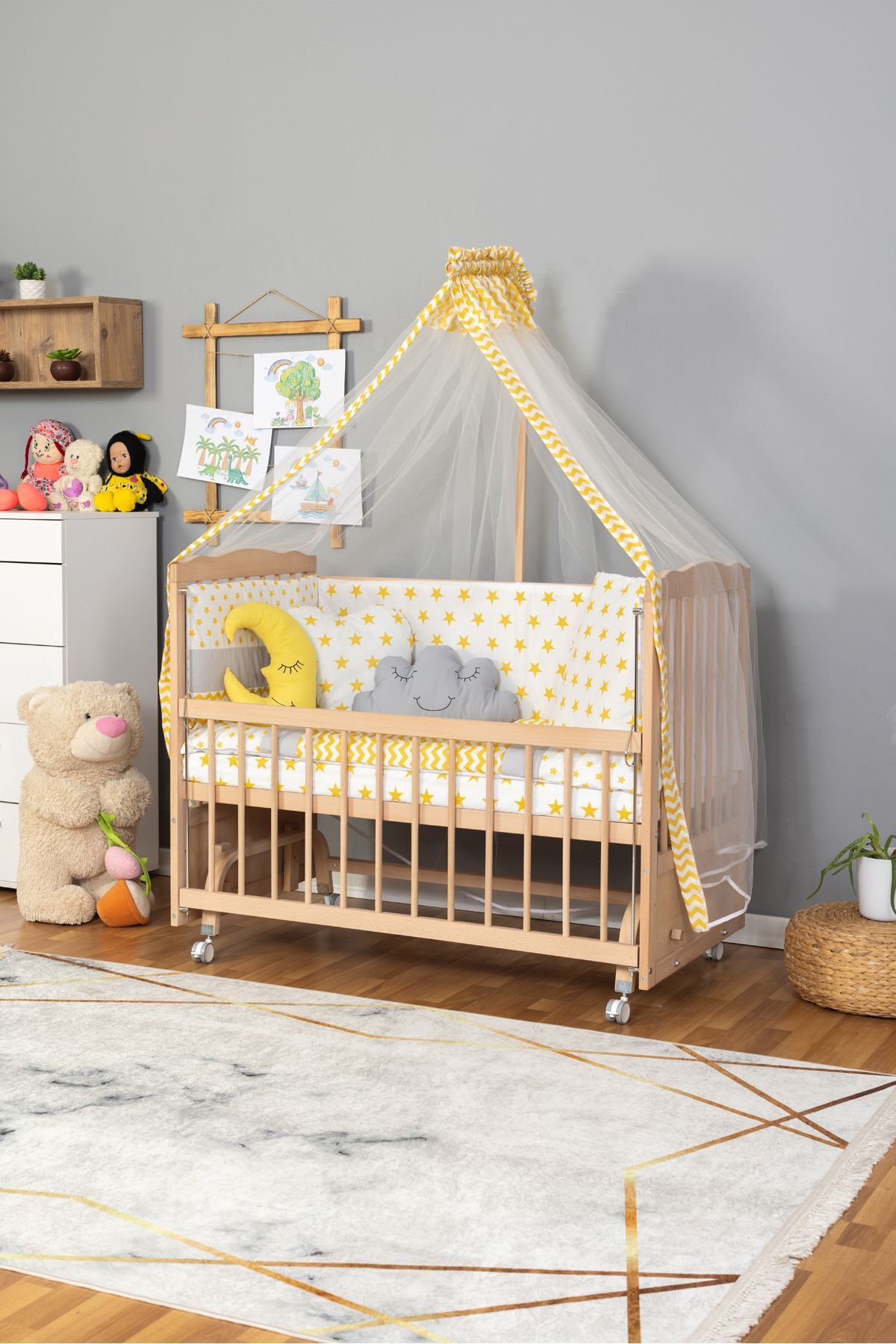 Ahşap Beşik Anne Yanı Beşik Organik (BOYASIZ) 60x120 - Sarı Yıldız Uyku Seti Yatak Tekerlekli
