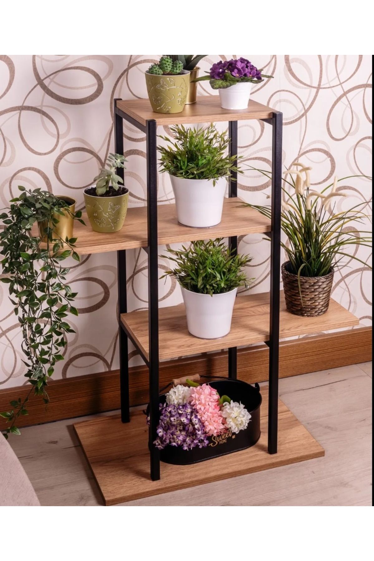 Ahşap Saksı Standı Metal Profil Saksılık Çiçek Rafı Metal Iskelet Ahşap Raflar Dekoratif 4 Raflı