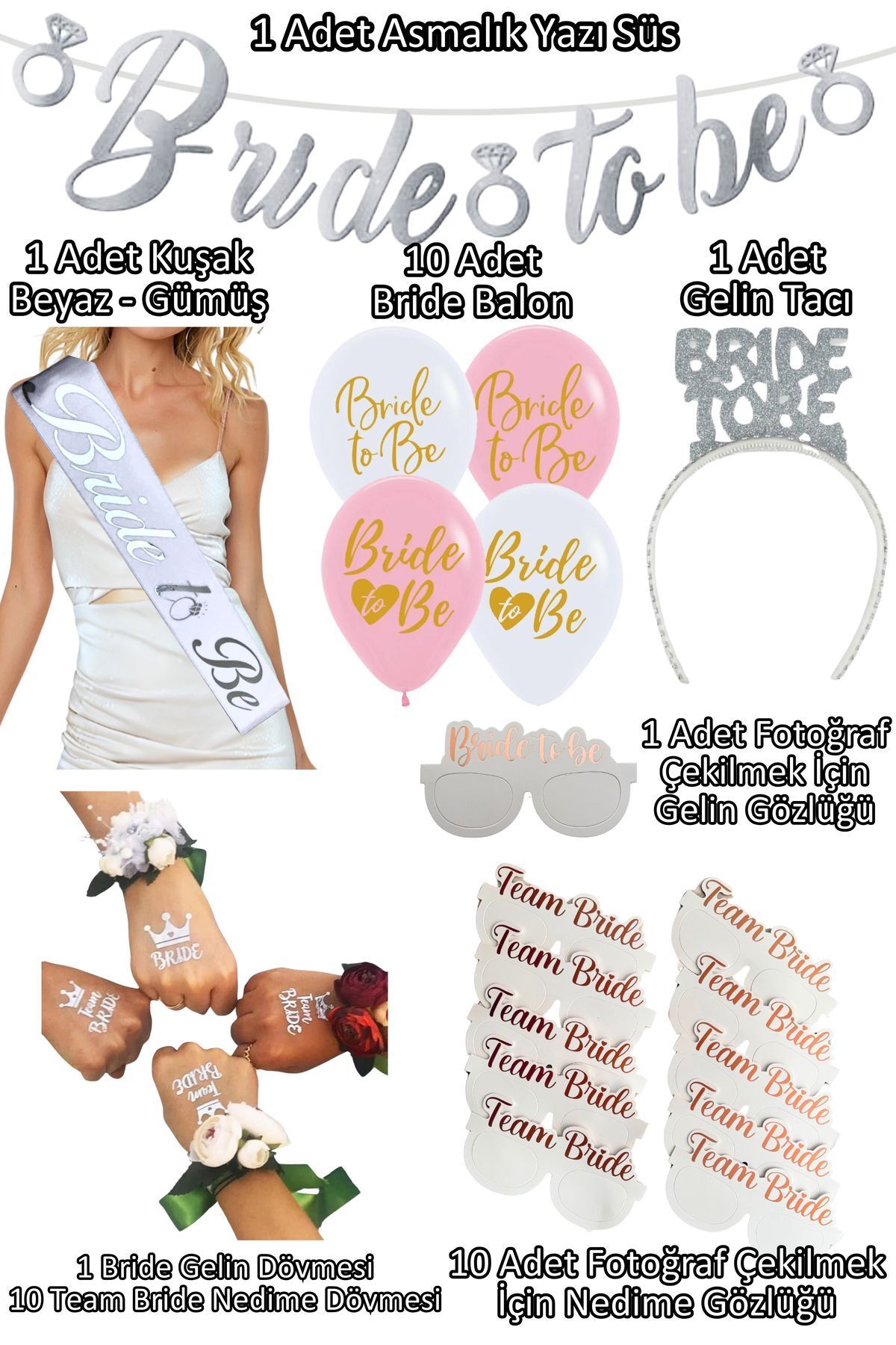 35 Parça Gümüş Bride To Be Seti Bekarlığa Veda Partisi Malzemeleri Kuşak Dövme Taç Balon Süsleri