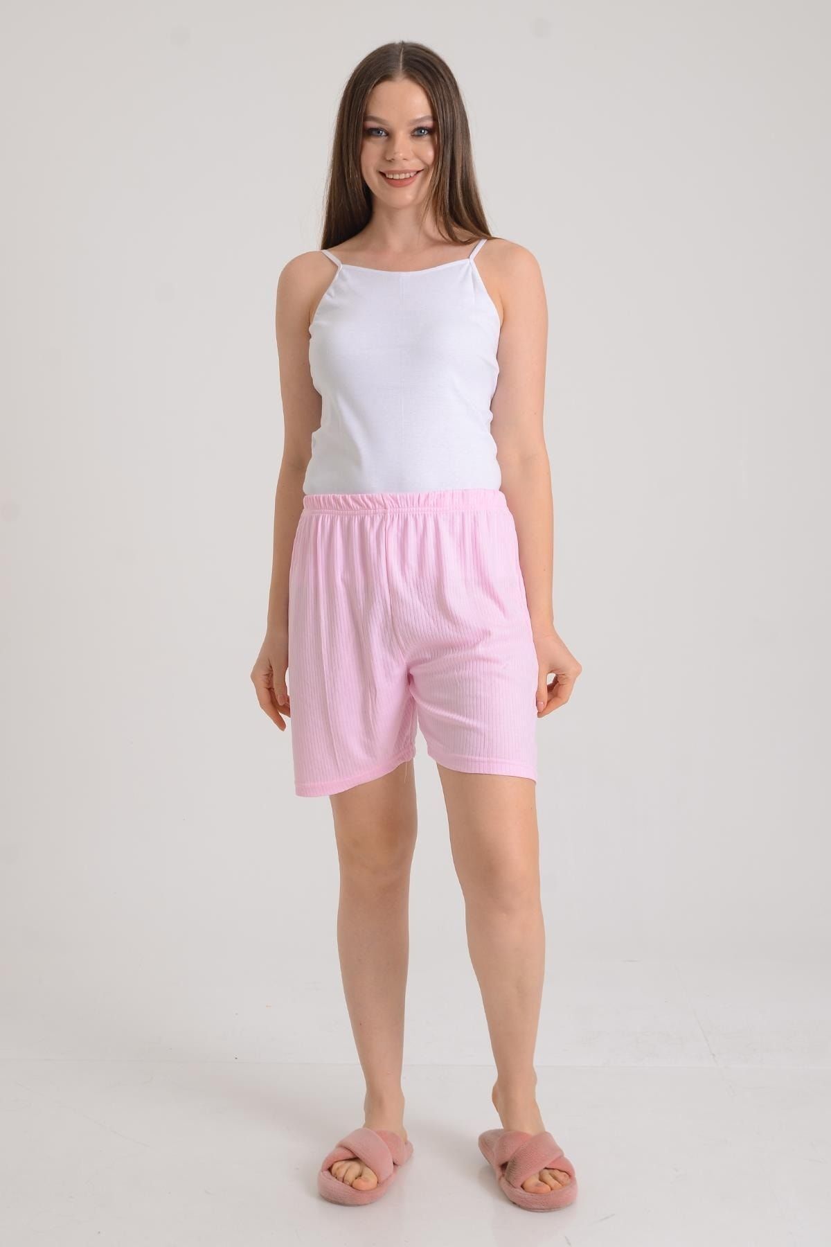 Kadın Ince Fitilli Lastikli Büyük Beden Pembe Günlük Ev Giyim Pijama Altı Şort Pmpt25671