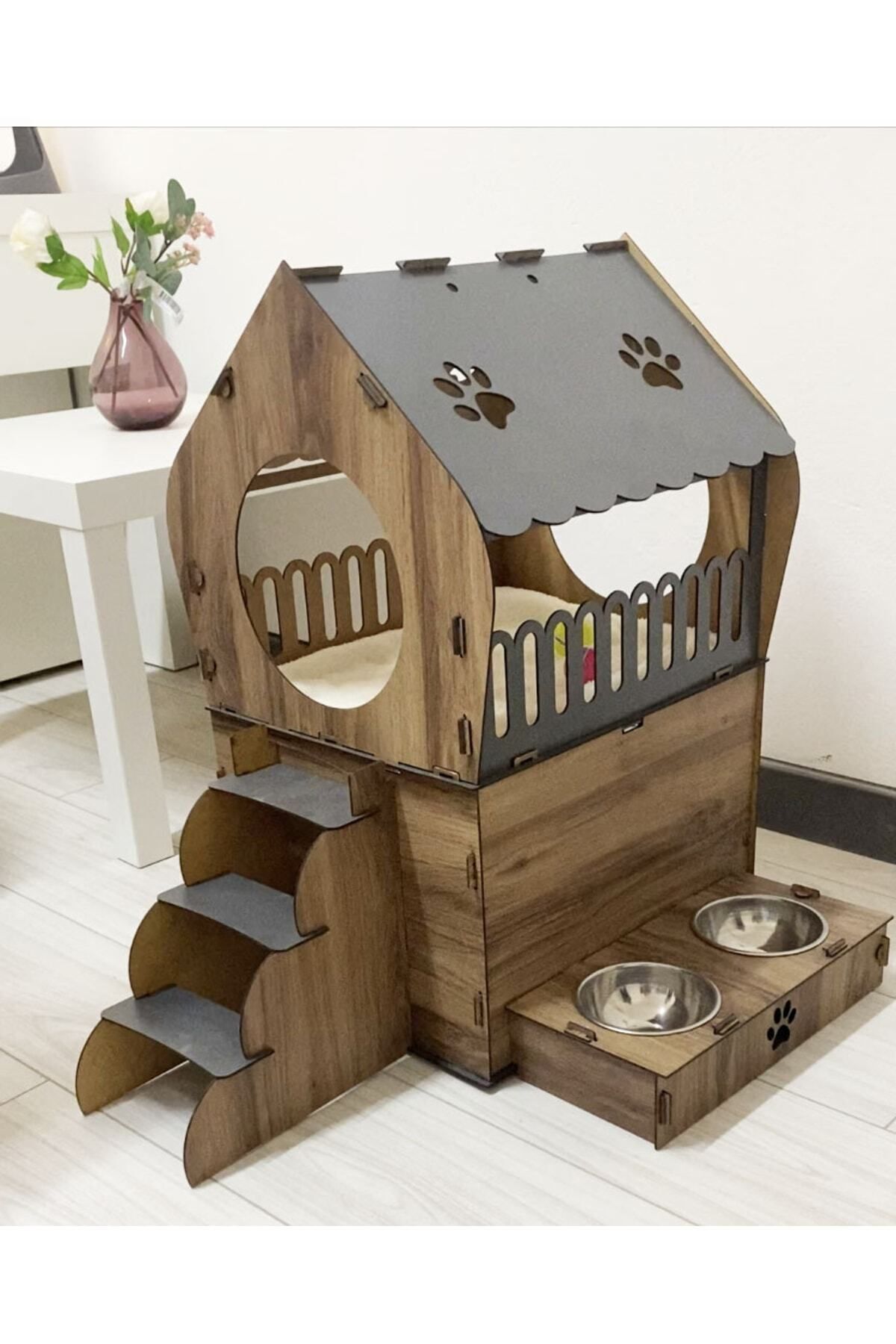 Dekoratif Teraslı Kedi Evi Ve Mama Kabı Seti