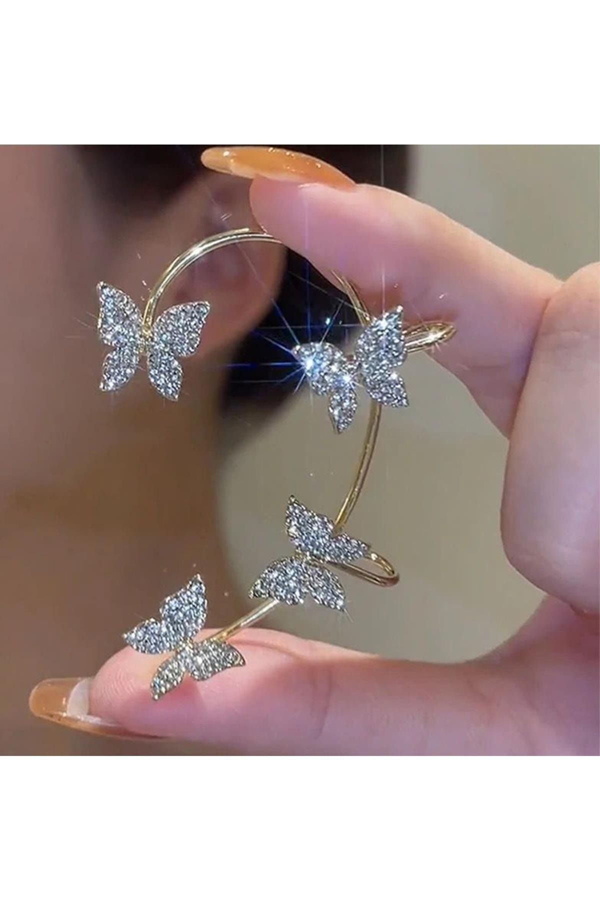 Gold Renk Tekli Zirkon Taşlı Kelebek Earcuff Kıkırdak Küpe