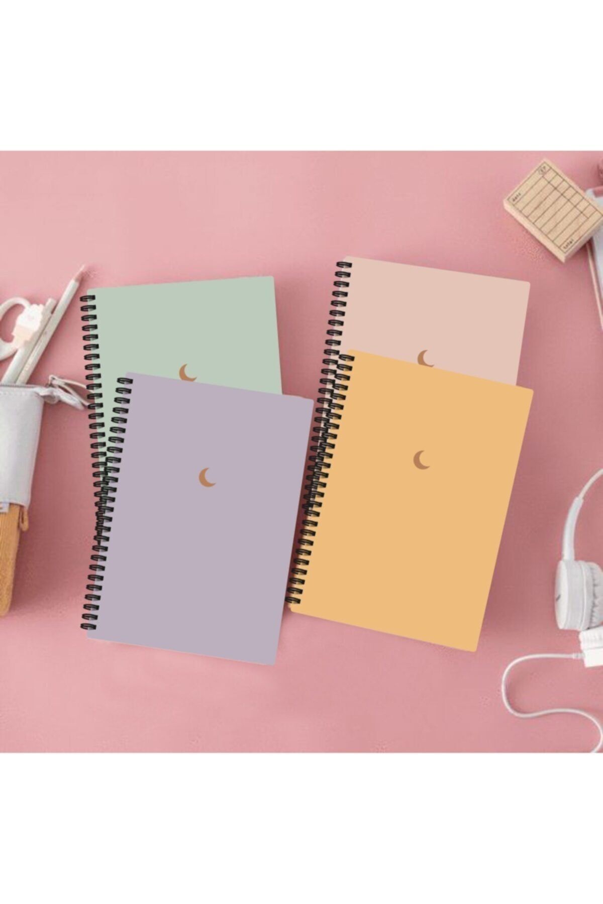 4'lü Defter Set 10 X 13,5 Cm Çizgisiz Defter Karton Kapak Spiralli Defter Notebook Moon Series