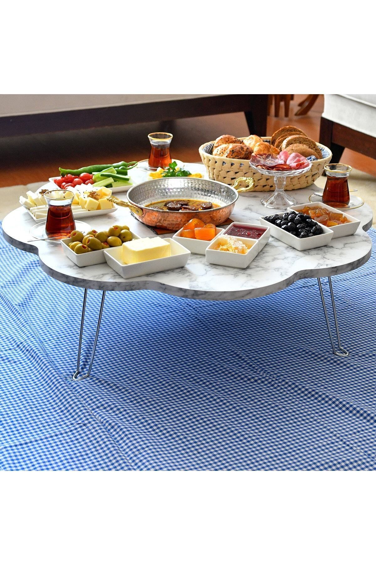 90 Cm Beyaz Mermer Desenli Ahşap Katlanabilir Papatya Yer Sofrası, Yer Masası, Yemek Masası