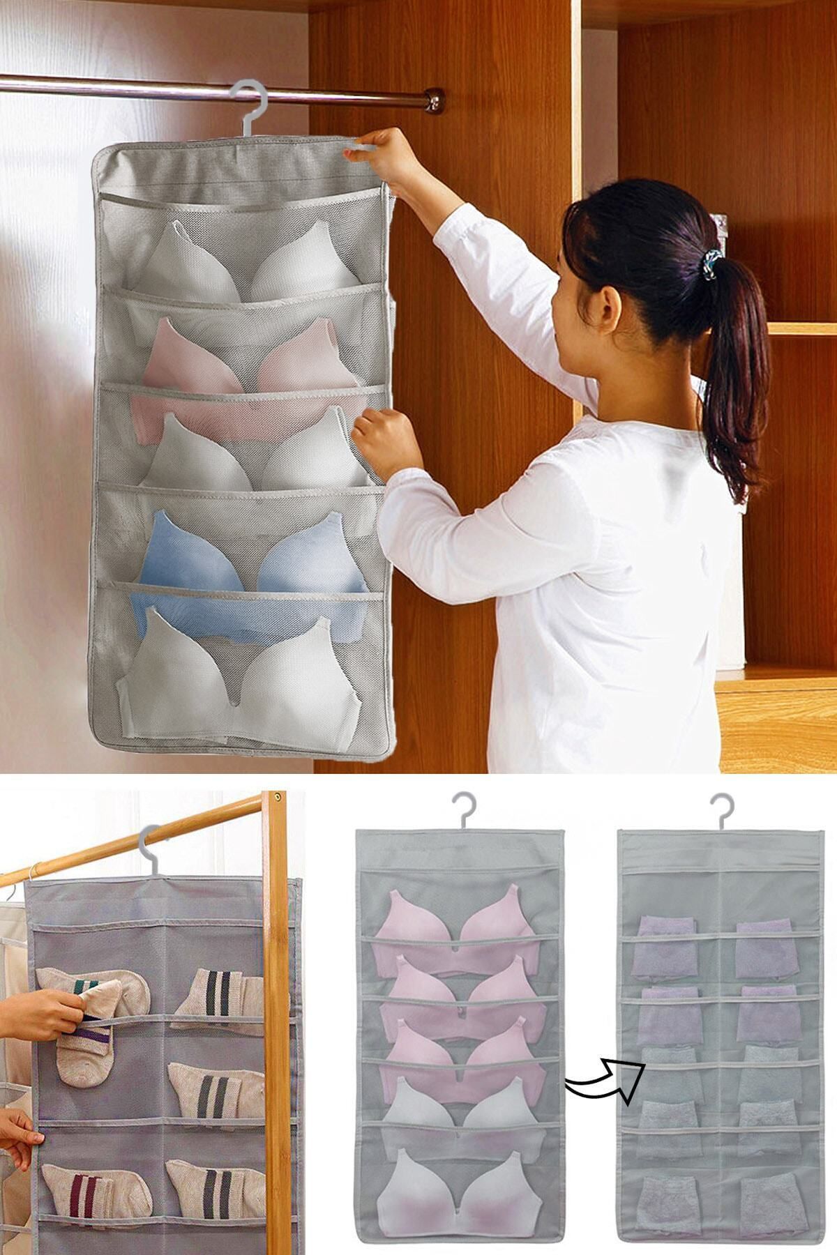 15 Cepli Dolap İçi İki Taraflı İç Çamaşırı Organizeri - Kumaş - Gardırop - 75 x 40 - Gri