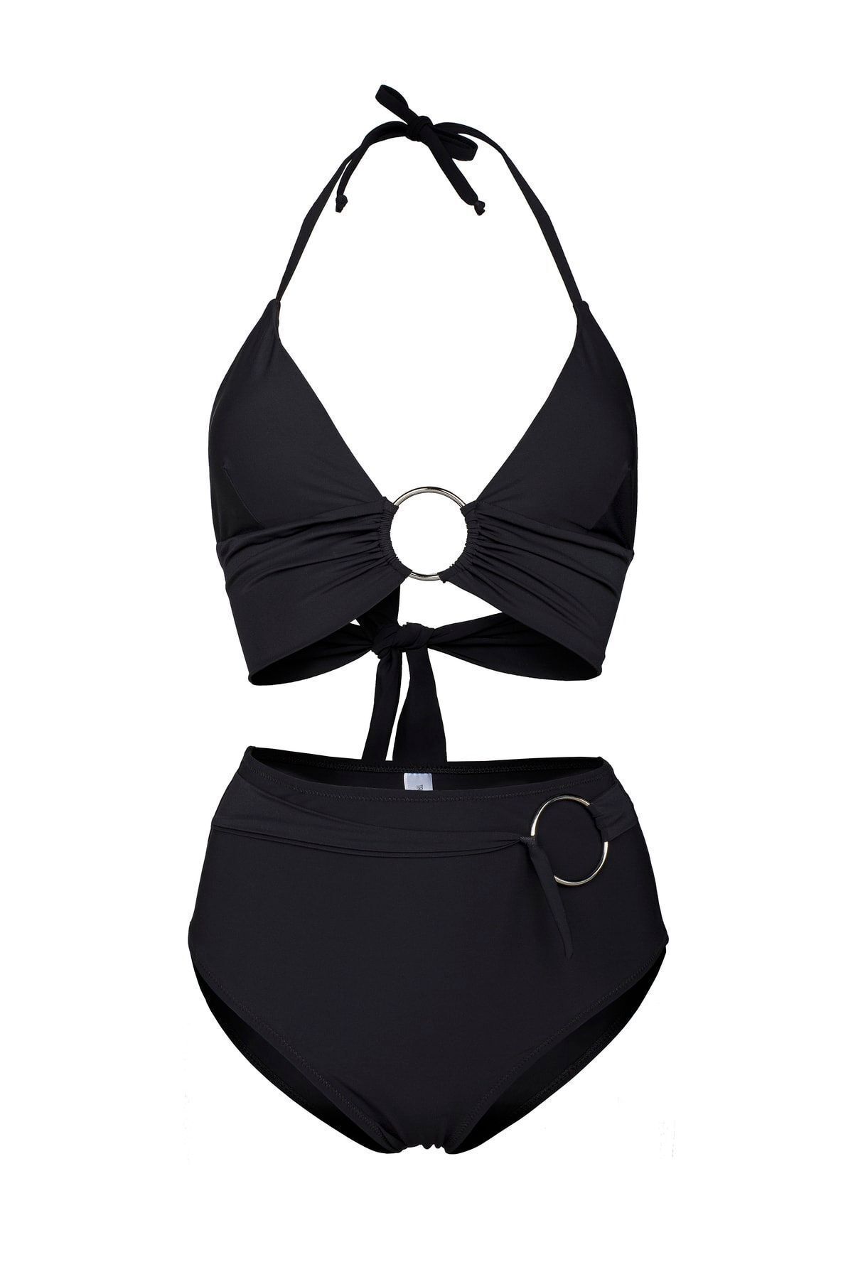 Siyah Halka Aksesuarlı Çift Kat Özel Koleksiyon Tulumlu Şık Bikini Takım