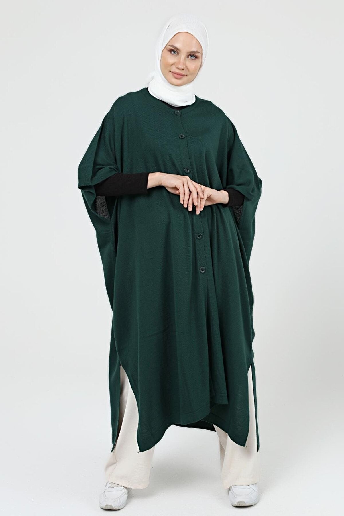 Kadın Düğmeli Uzun Salaş Kışlık Triko Panço 4253