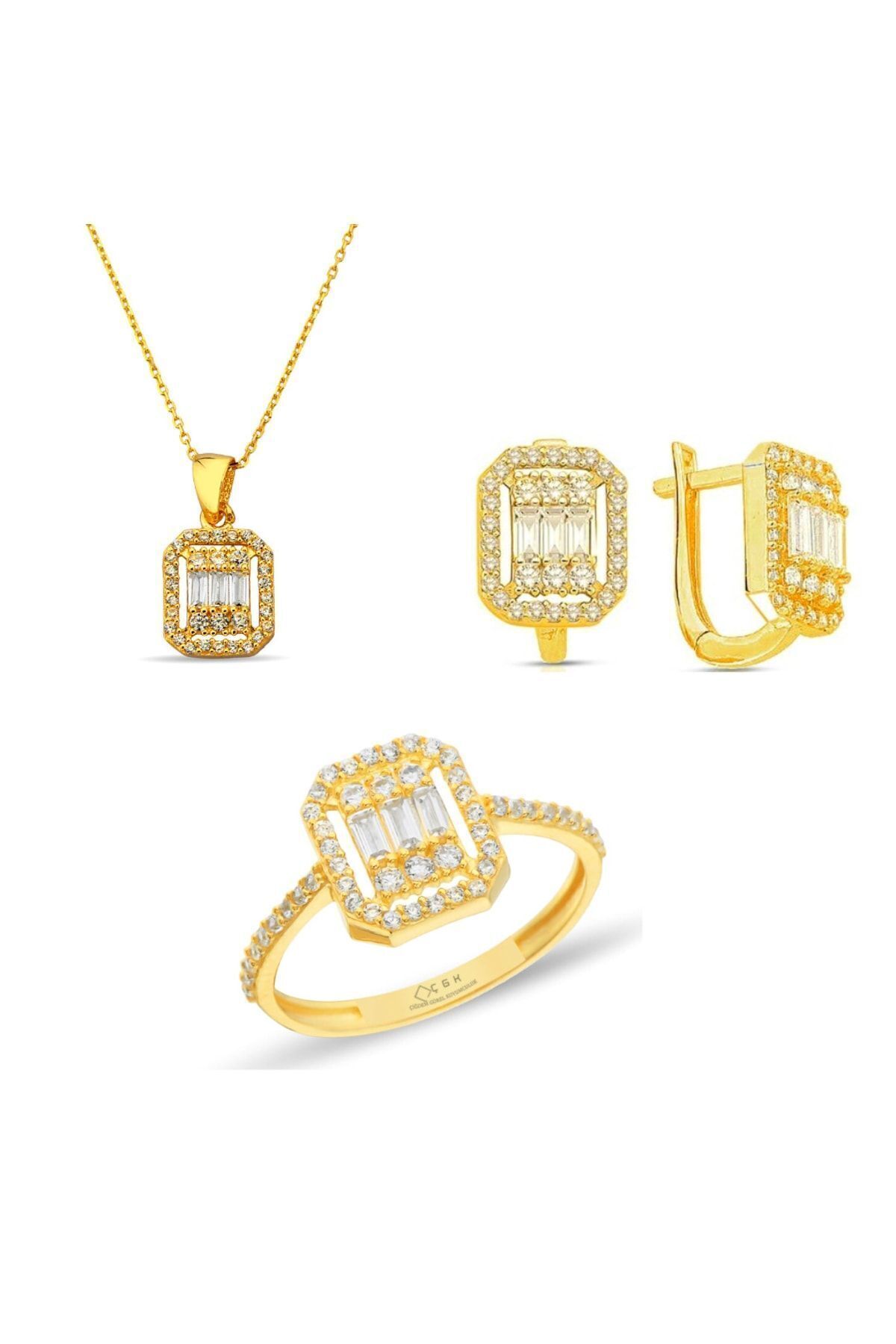 Altın Baget Taşlı Kadın Takı Seti (Kolye + Küpe + Yüzük)