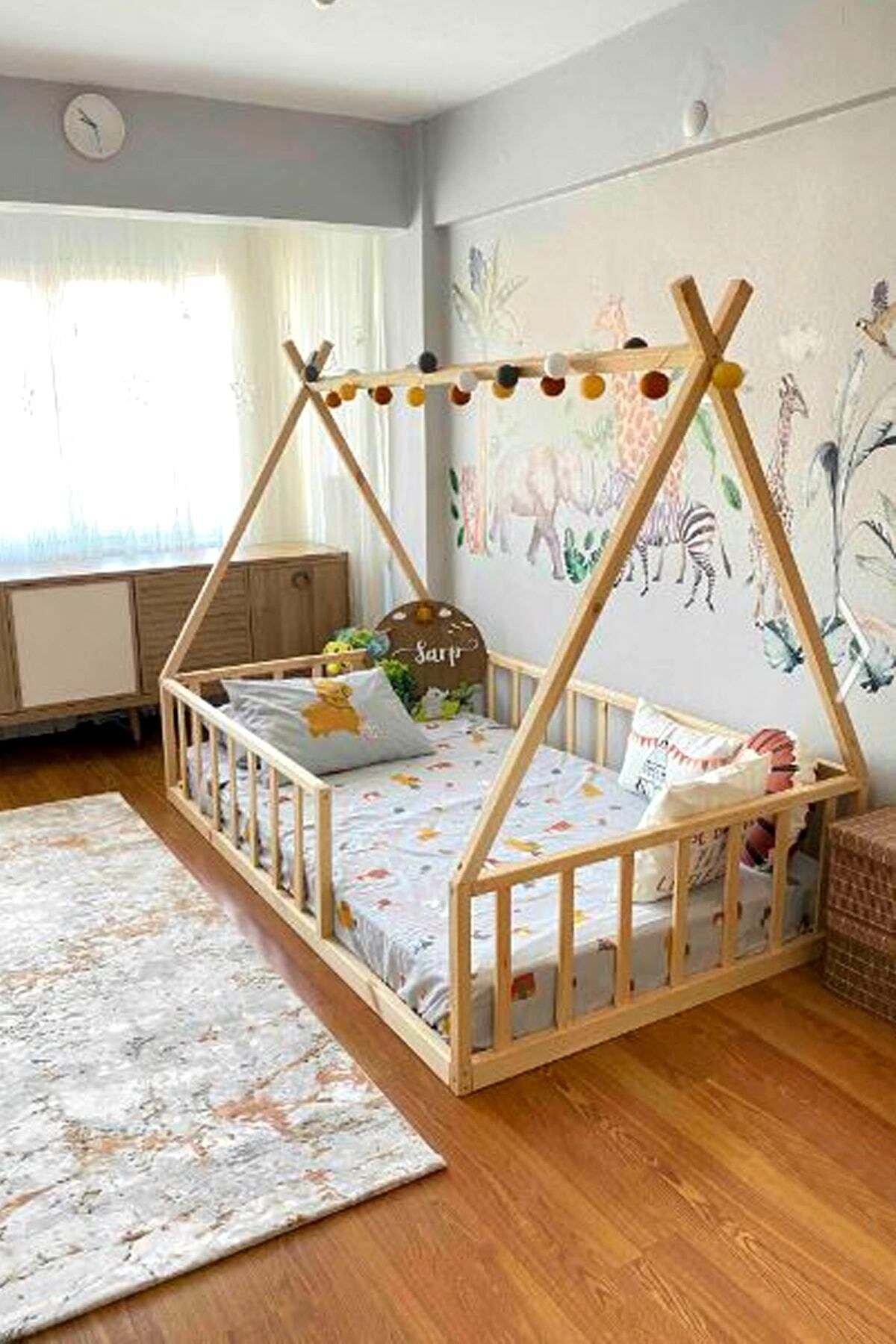 Montessori Bebek Ve Çocuk Karyolası Unisex Doğal Ahşap Yatak