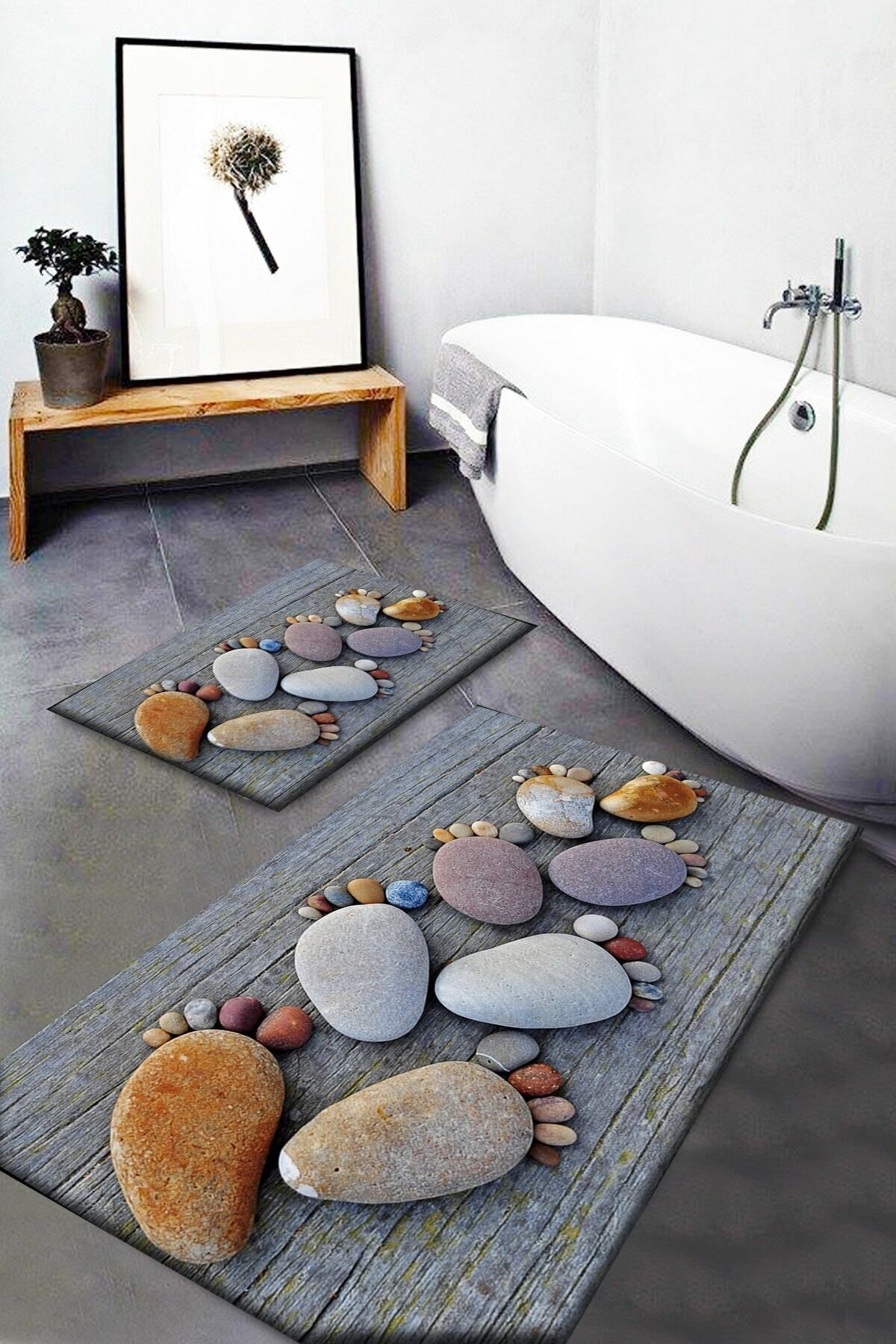 Else Gri Ayak Taşları Desenli Yıkanabilir Kaymaz Taban 2li Banyo Halısı Paspas Klozet Takımı