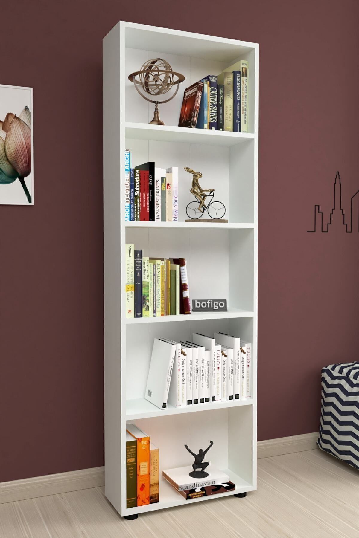 Dekoratif 5 Raflı Kitaplık Modern Kitaplık Beyaz