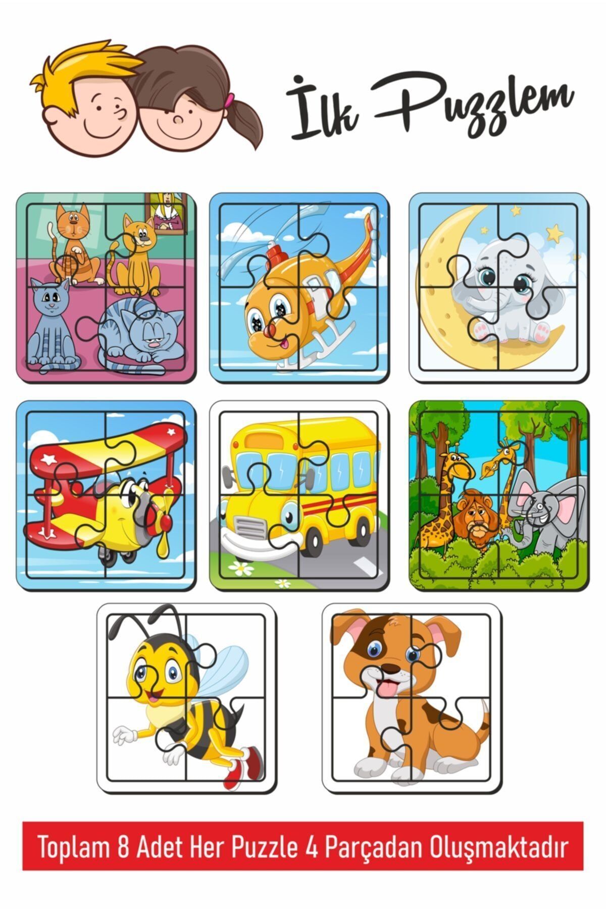 Sevimli Arı, Köpek, Kedi, Aydede, Helikopter, Uçak, Hayvanlar, Kediler Oluşan Ahşap Puzzle 4 Parça