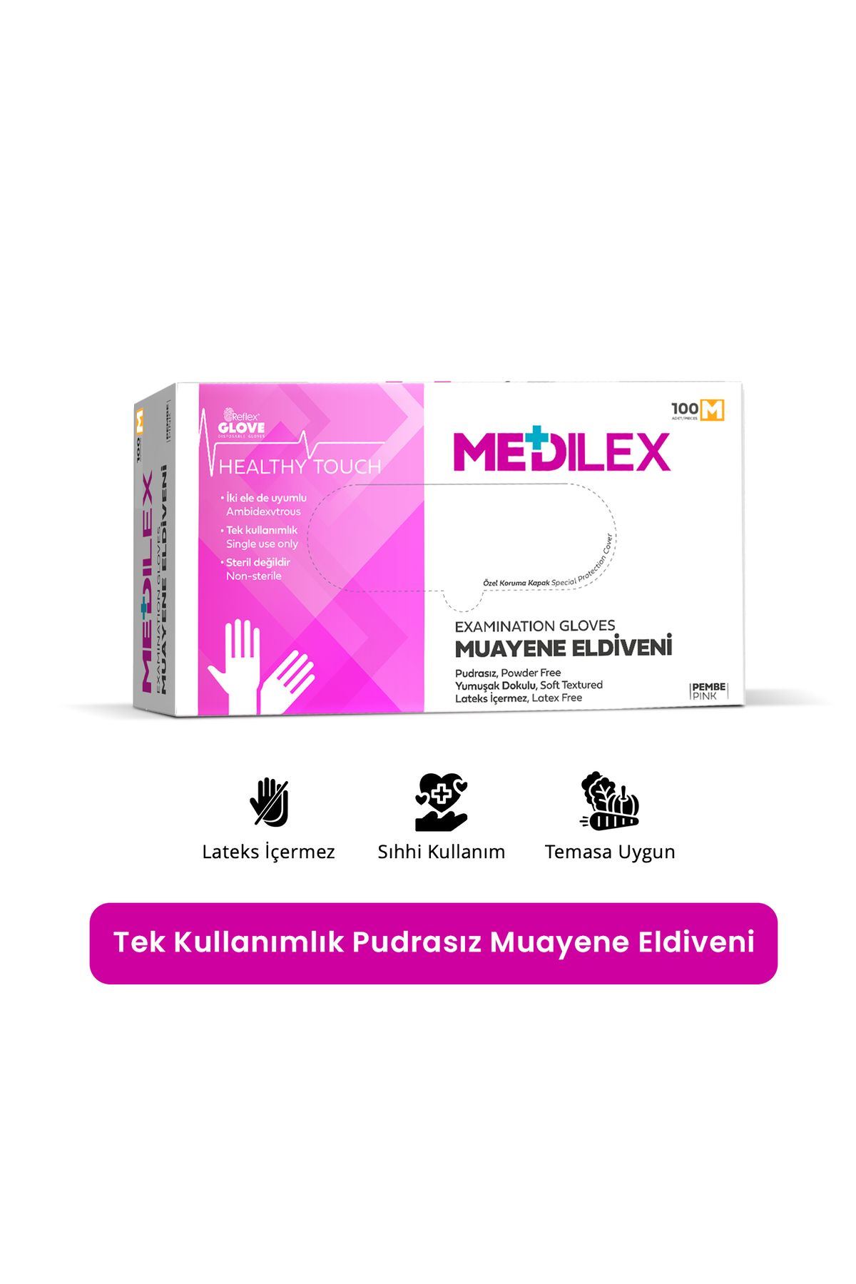 Tek Kullanımlık Pudrasız Pembe M Beden Muayene Eldiveni 100'lü