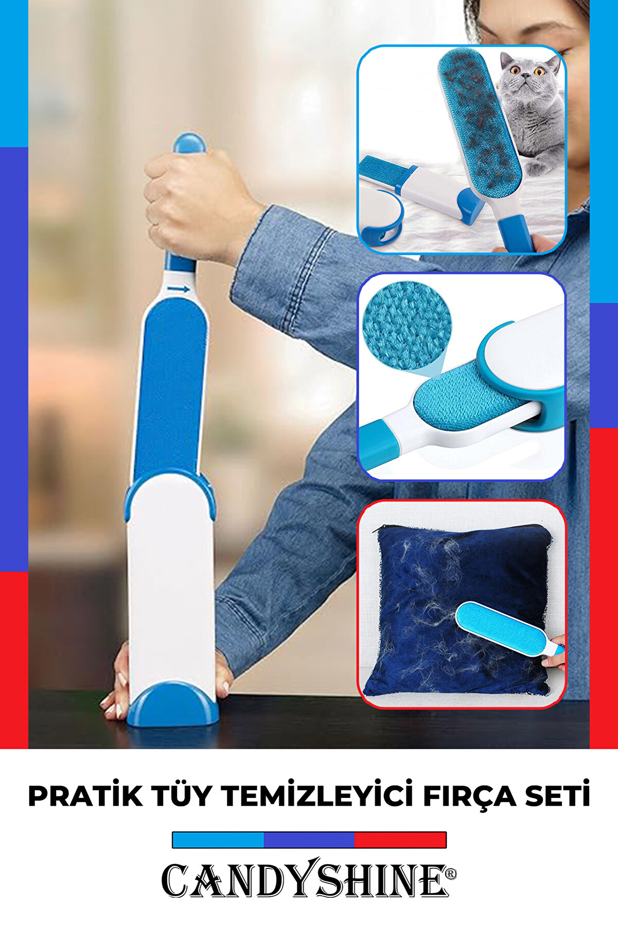 ® Deluxe Mucize Kedi Köpek Koltuk Kıyafet Halı Kıl Toz Tüy Toplayıcı Fırça Seti Premium Kalite