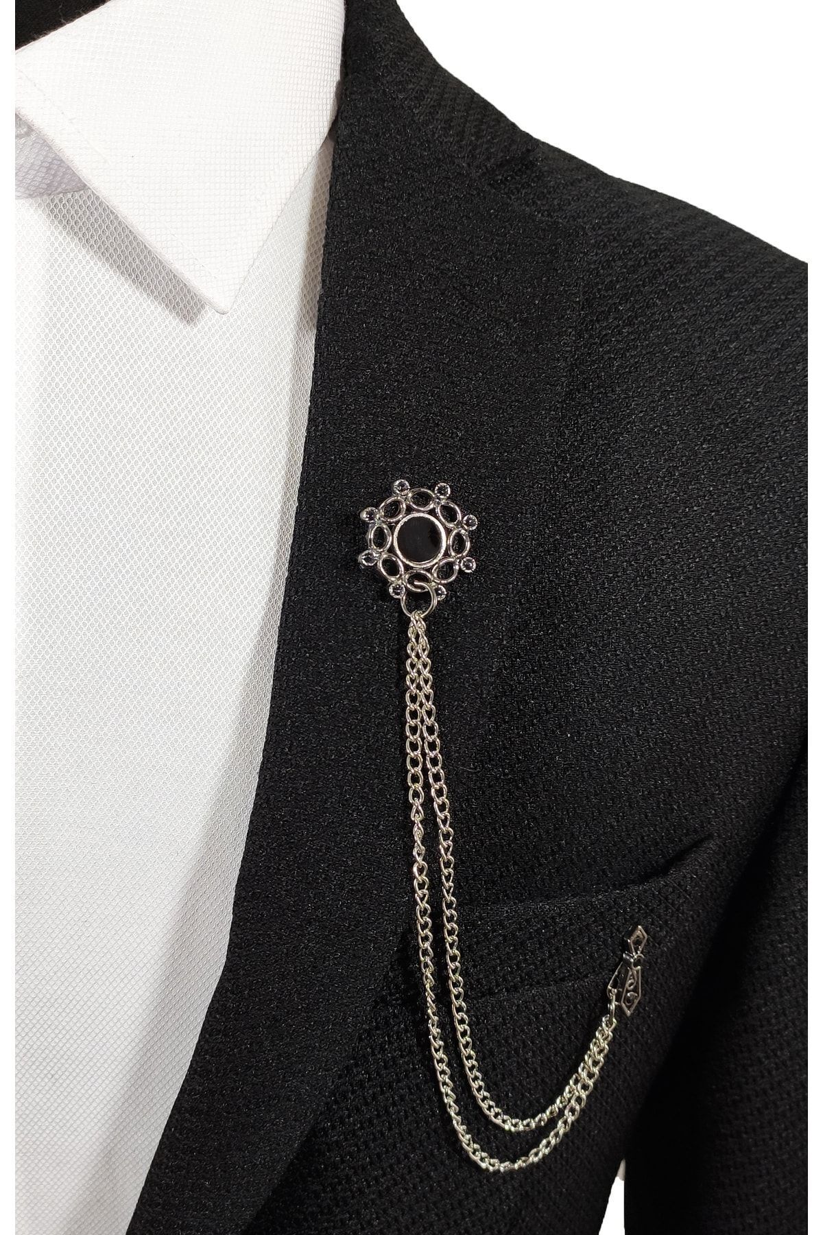 Siyah Renk Taş Işlemeli Metal Ceket Yaka Iğnesi Yaka Zinciri