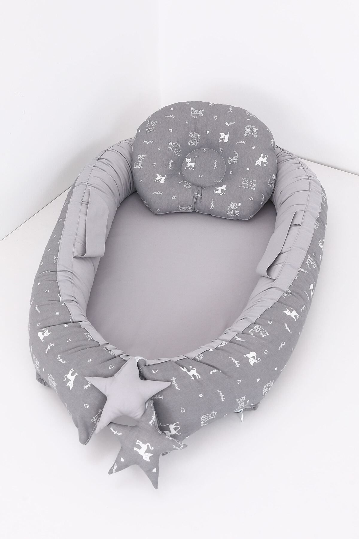 Babynest, Bebek Uyku Yatağı 0-2 Yaş - Gri Kedi Desen