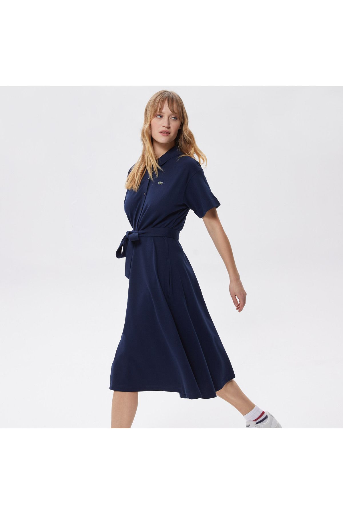 Kadın Flare Fit Polo Yaka Lacivert Elbise