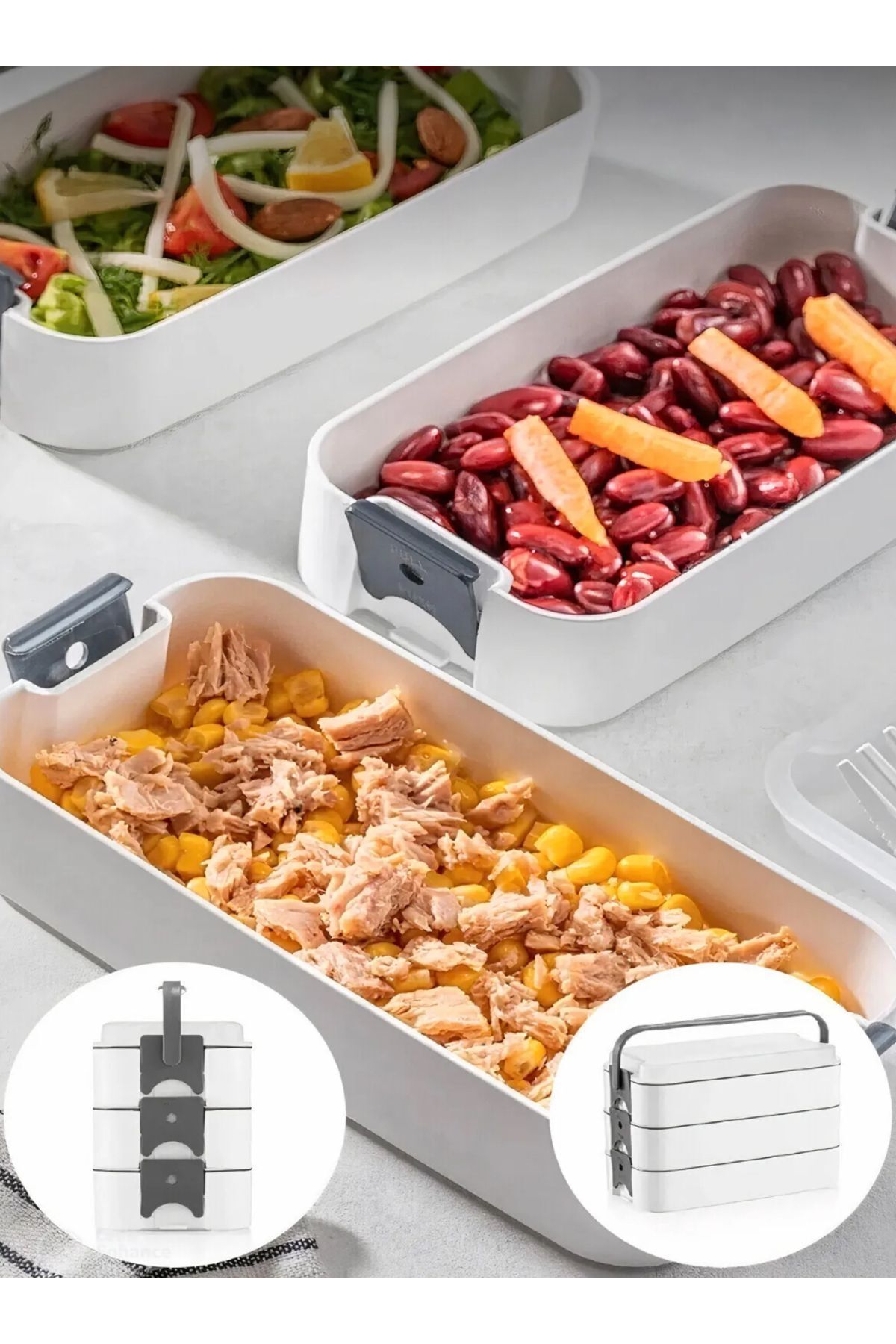 3 Katlı Taşınabilir Yemek Kabı – Lunch Box Diyet Beslenme Saklama Kabı Çatal Kaşıklı