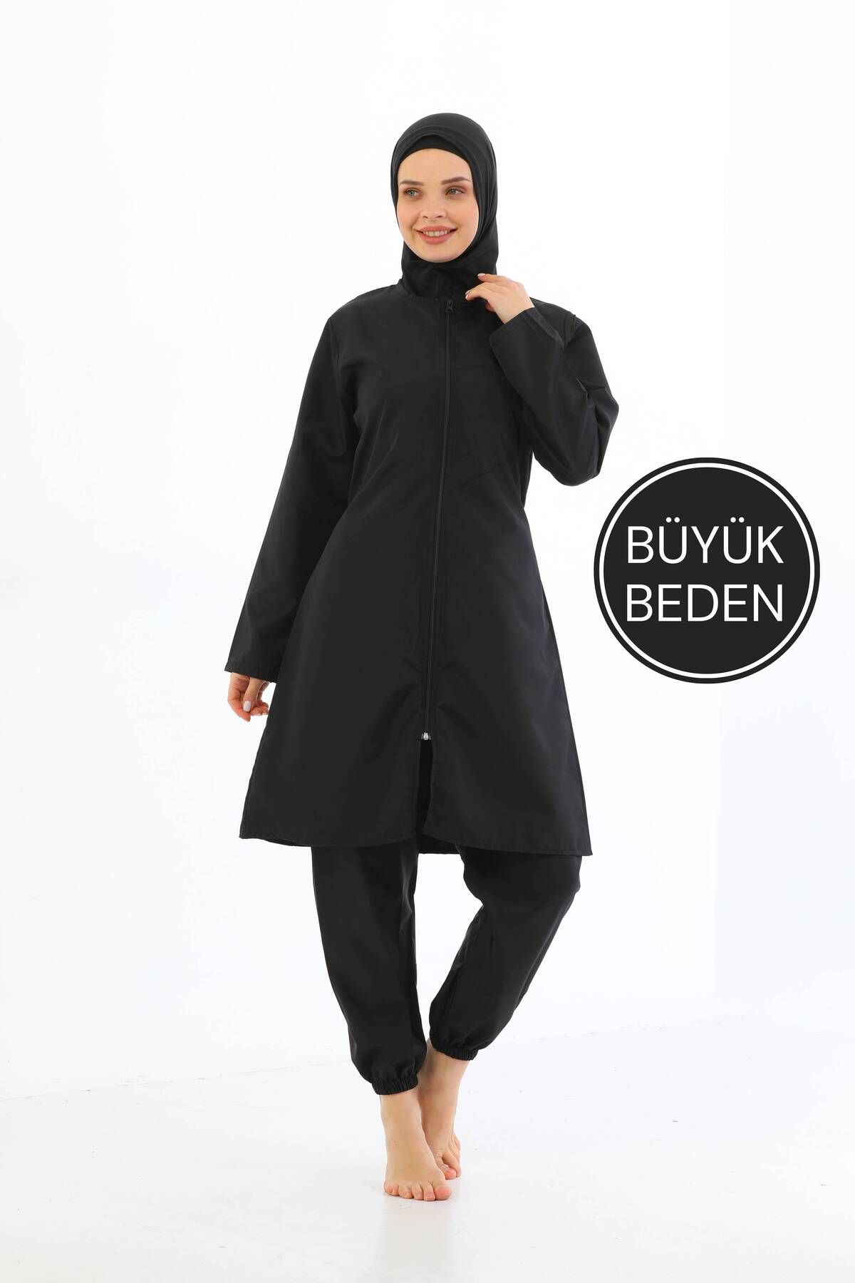 Büyük Beden Paraşüt 4'lü Fermuarlı Siyah Tam Kapalı Tesettür Mayo