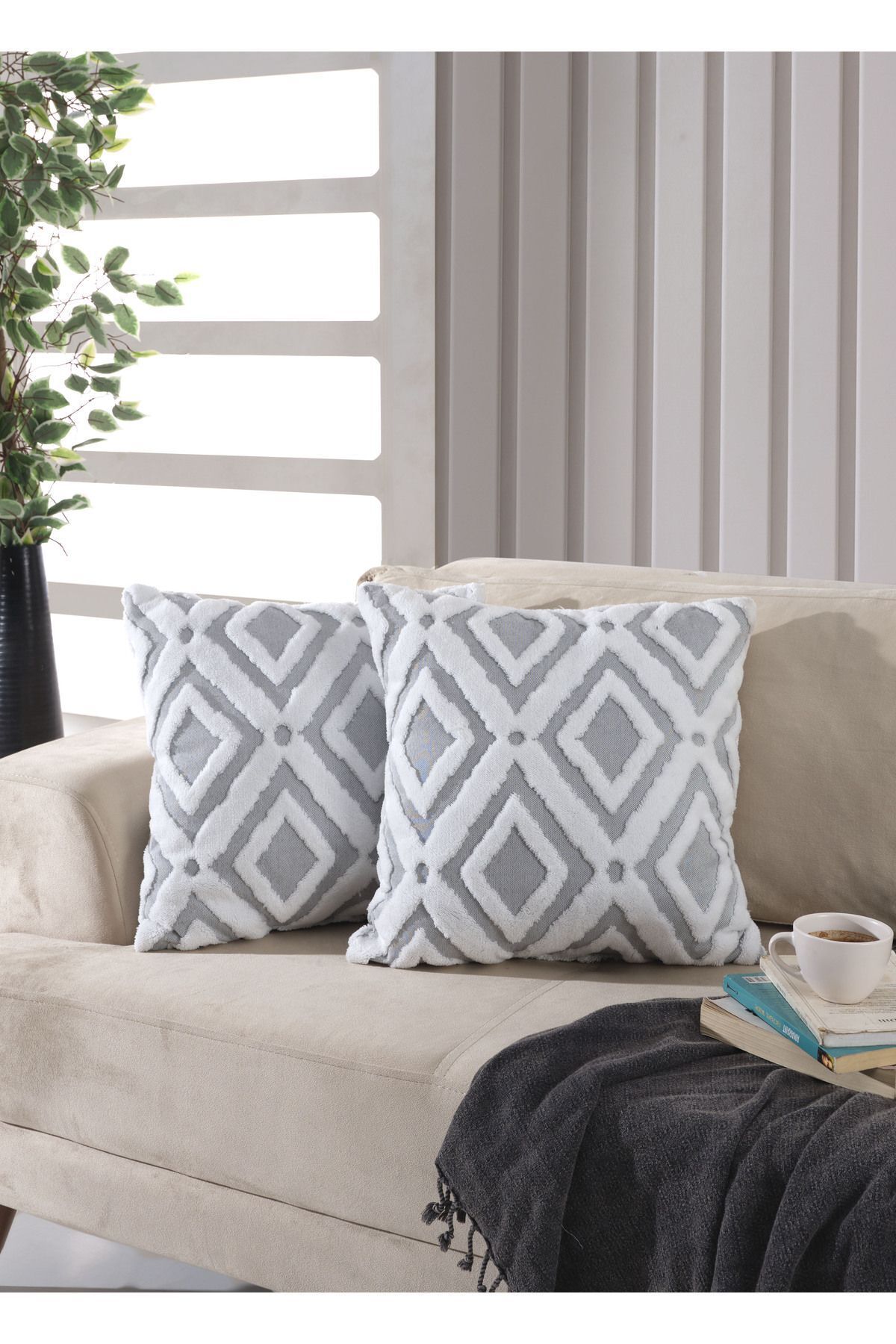 Bohem Punch 2 Li Grey Dekoratif Kırlent Kılıfı Yastık Kılıfı 44x44 Cm