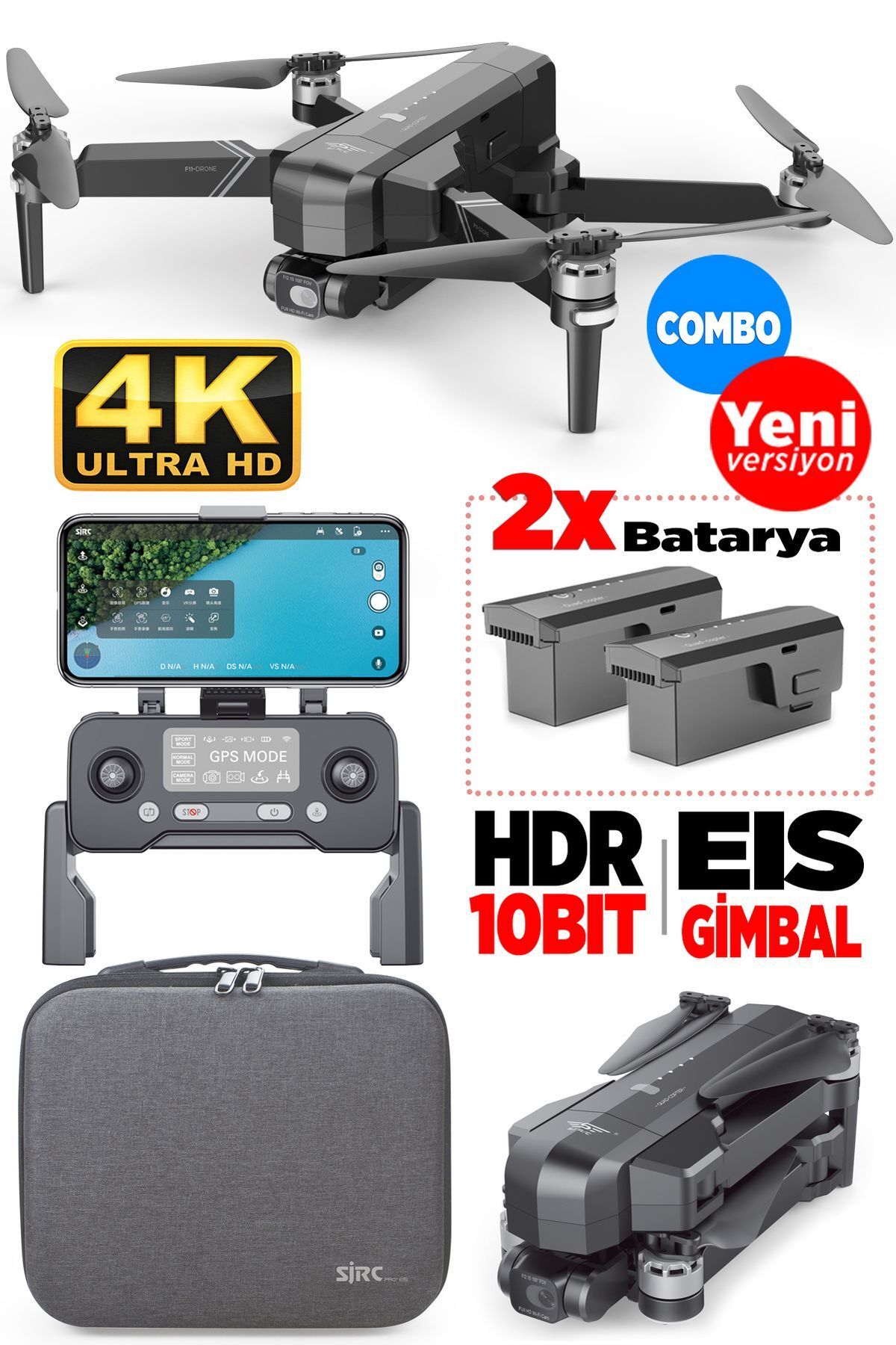 F11 Pro Combo 4k Kameralı Drone Seti - 2 Batarya - 1.5 Km Menzil - 26dakika Uçuş Süresi Çanta Hdr10