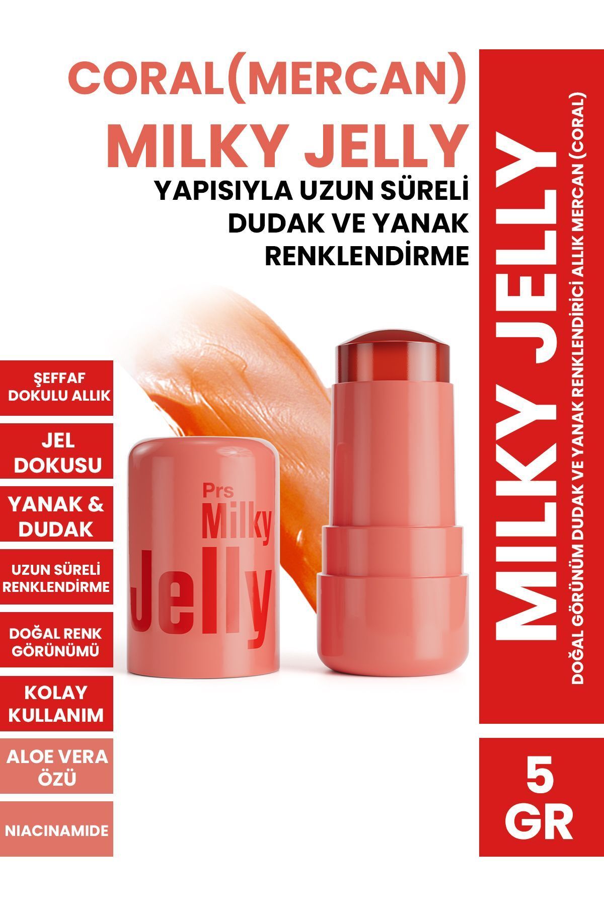 Milky Jelly Doğal Görünüm Dudak ve Yanak Renklendirici Allık Mercan (Coral) 5 GR