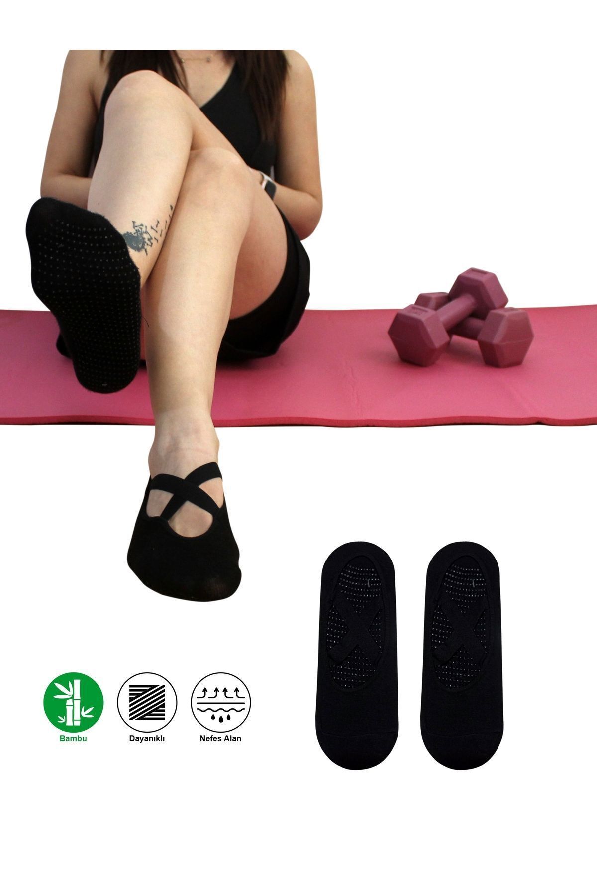 2 Çift Bambu Siyah Kaymaz Taban Silikon Baskılı Yoga Fitness Pilates Ve Aktivite Kadın Çorabı