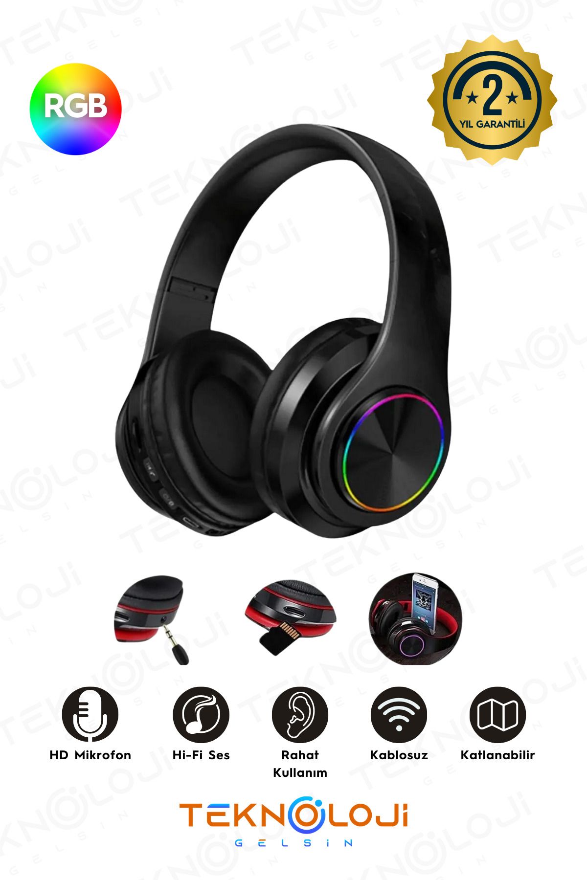 Bluetooth Kulaklık Kablosuz Kulaküstü Işıklı Katlanabilir Mikrofonlu Fm-aux-sd Siyah