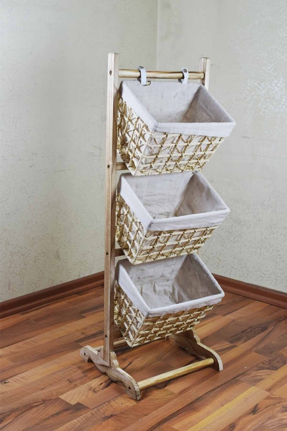 3 Katlı Ahşap Meyvelik Bej