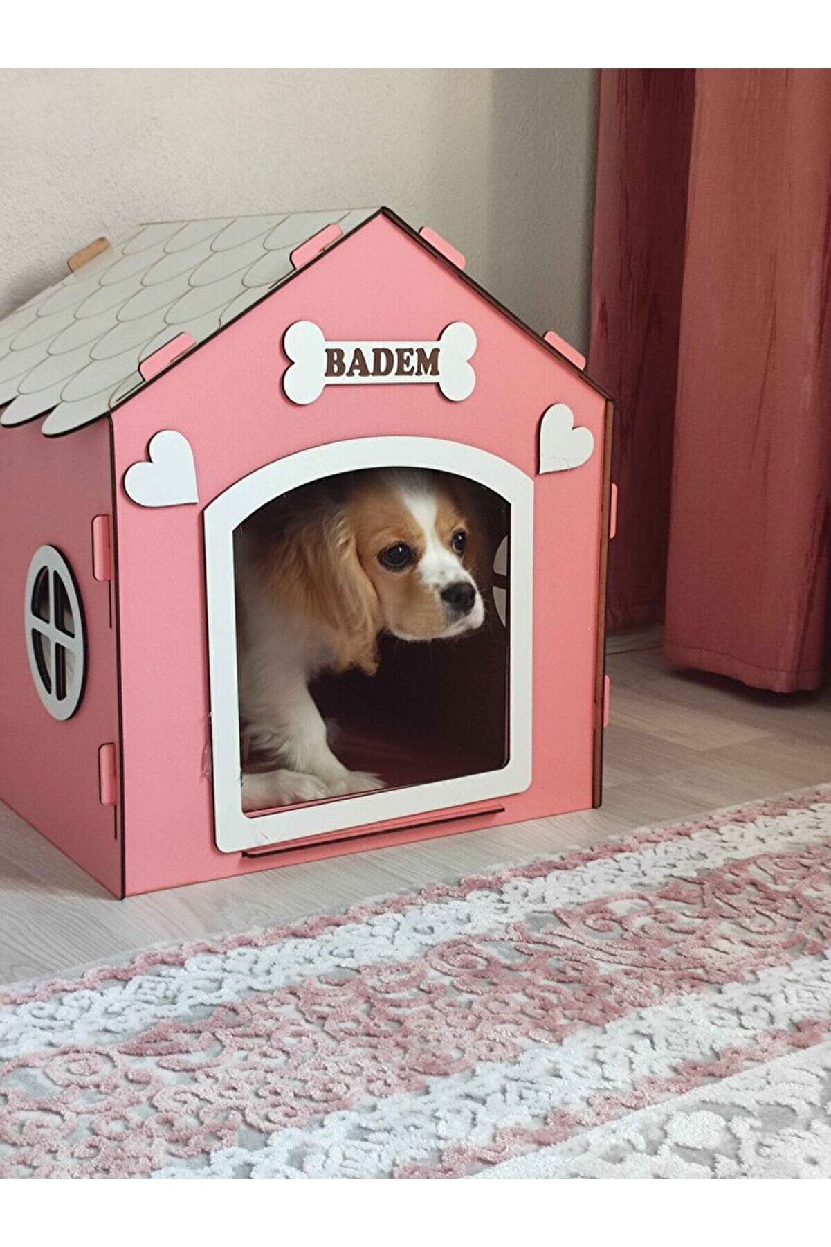 Süper Set Ahşap Dekoratif Köpek Evi-kulübesi Minder Ve Zincir Tasma (pembe-beyaz)