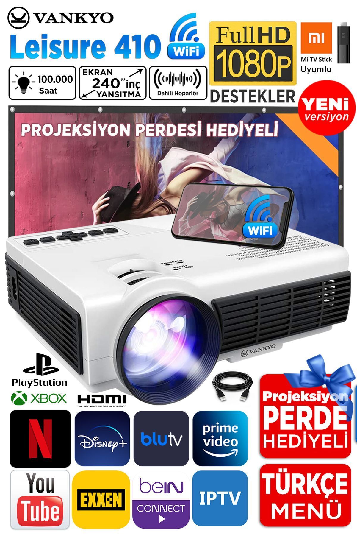 Leisure 410 5g Wifi 1080p Destekli Lcd Led Projeksiyon Cihazı - 240 Inç Yansıtma - Dahili Hoparlör