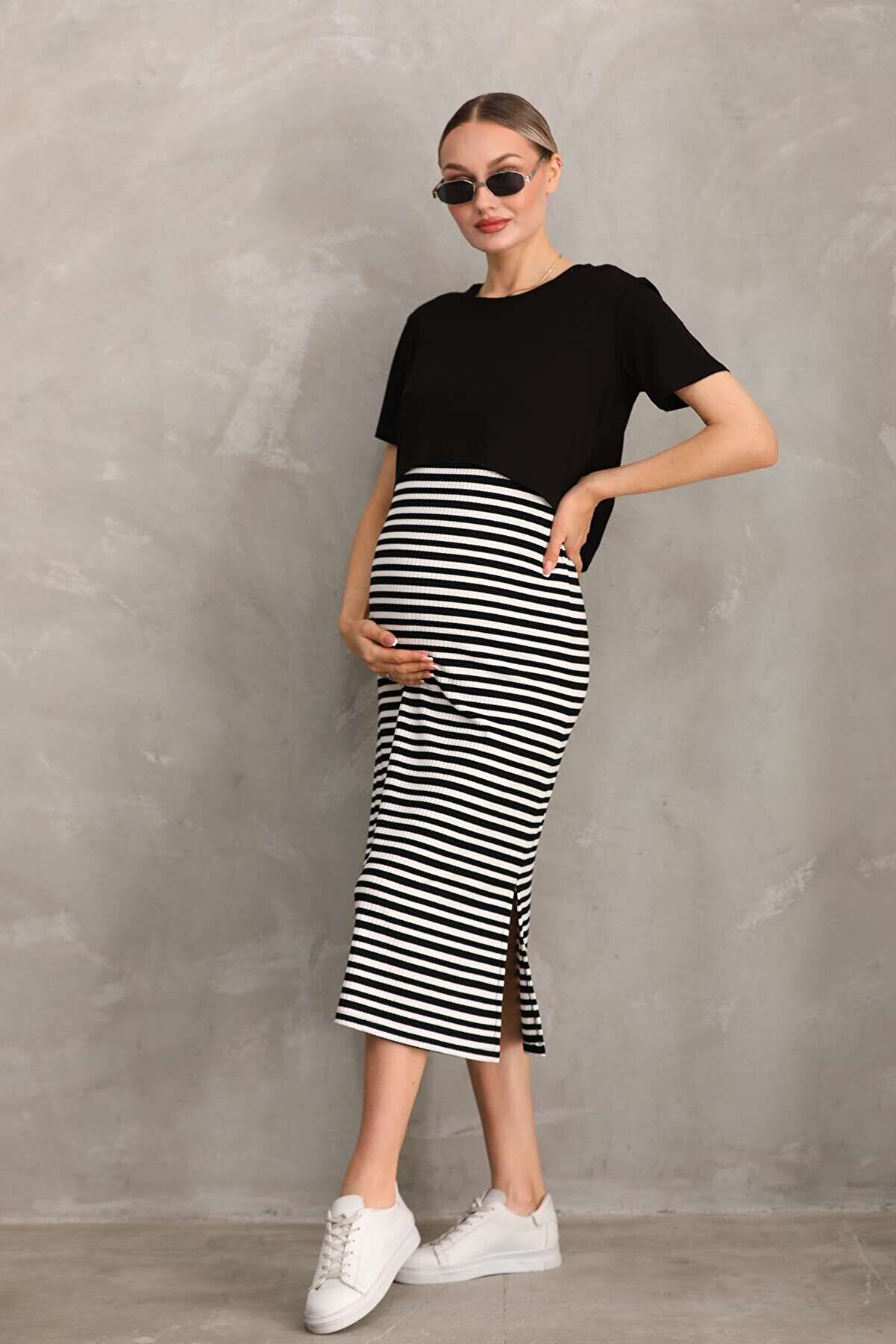 Kısa Kol Çizgilli Fitilli Kaşkorse Hamile ve Lohusa Tişört Elbise Takımı
