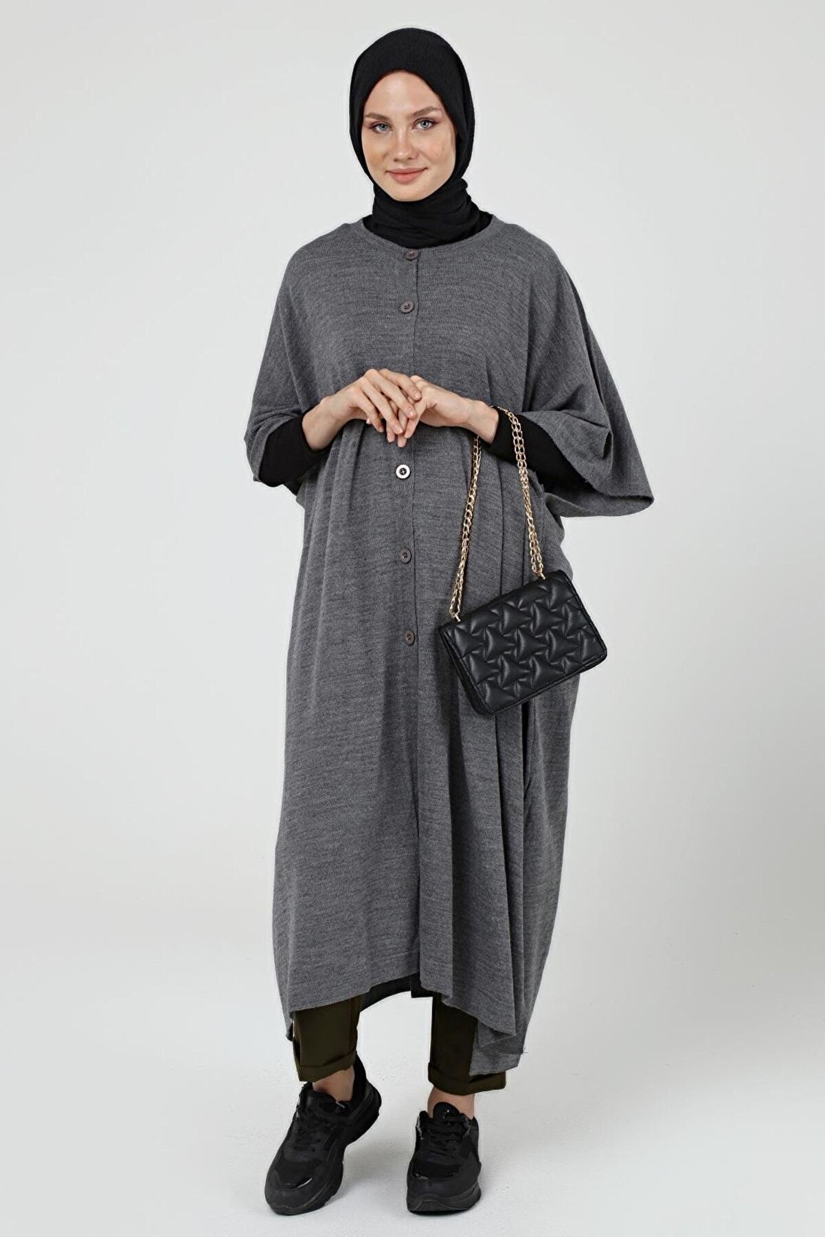 Kadın Düğmeli Uzun Salaş Kışlık Triko Panço 4253