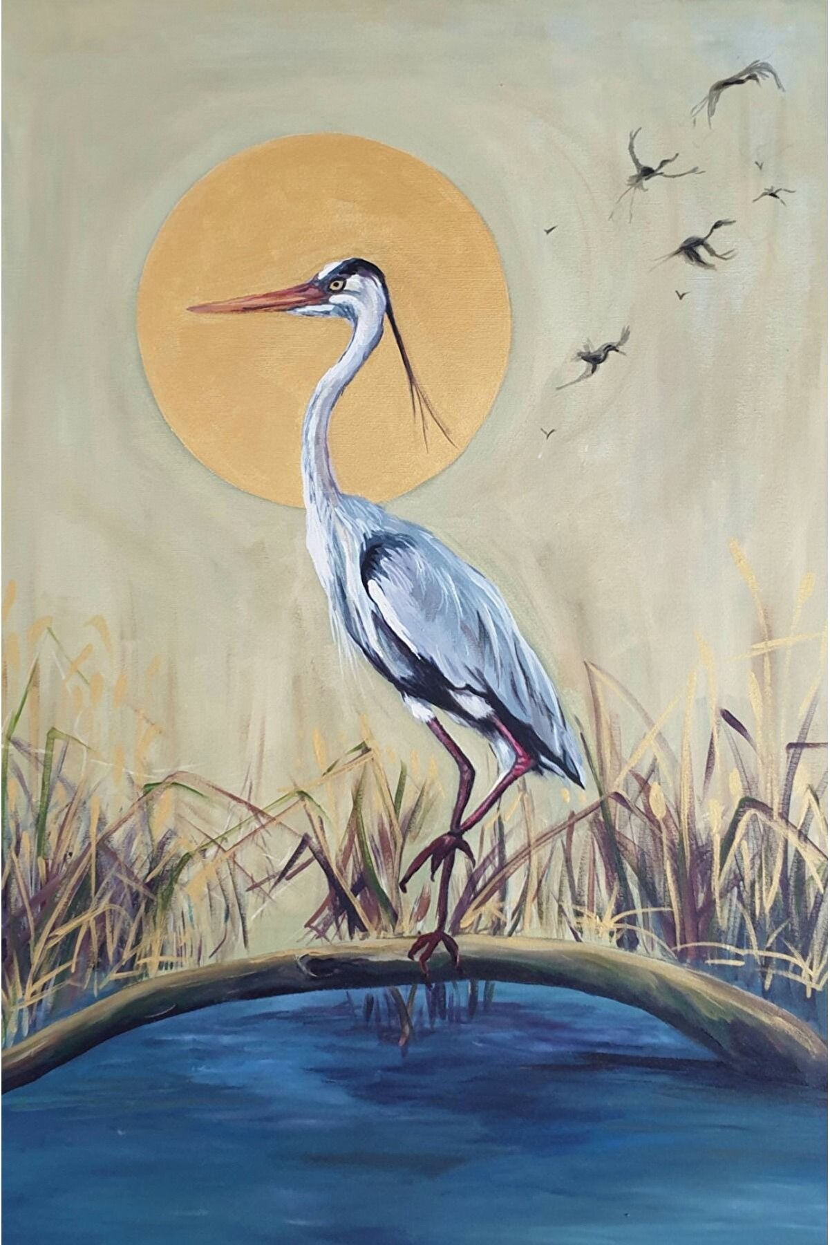 Gri Balıkçıl Tablosu 90x60x4cm - Duble Şase