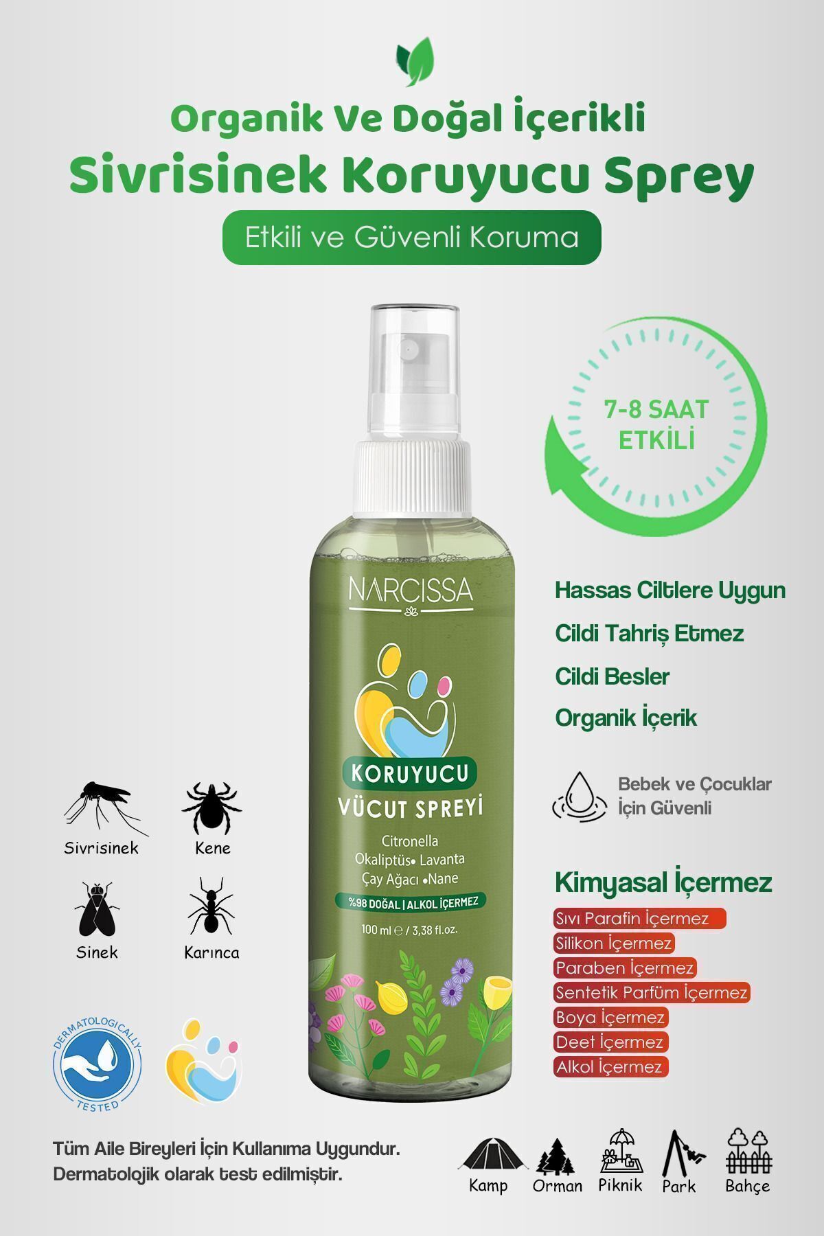 Doğal Sivrisinek Koruyucu Sprey, Etkili Koruma, Bebek ve Çocuklar İçin Güvenli 100ML