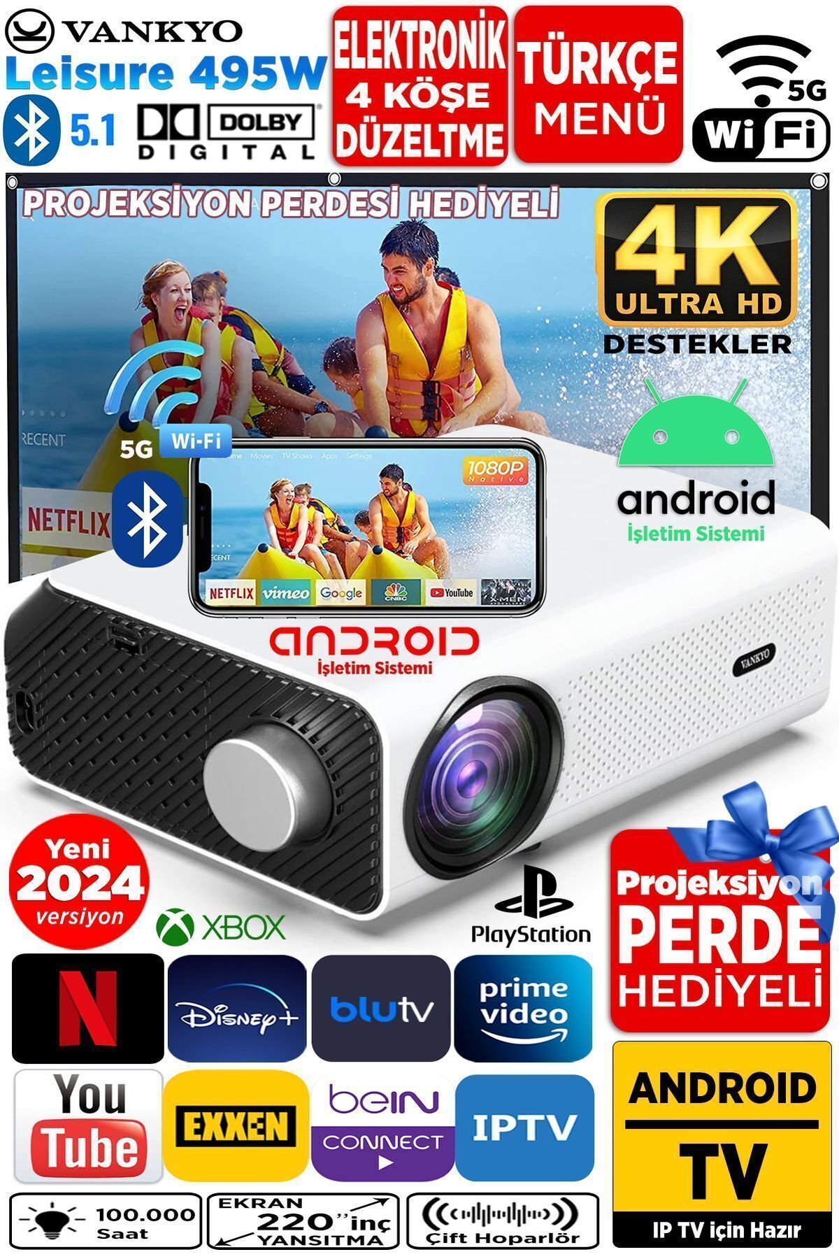 Leisure 495w Android Tv 4k Destekli Projeksiyon Cihazı 5gwi-fi 5.1bluetooth 220 Inç Ekran Dolby Ses