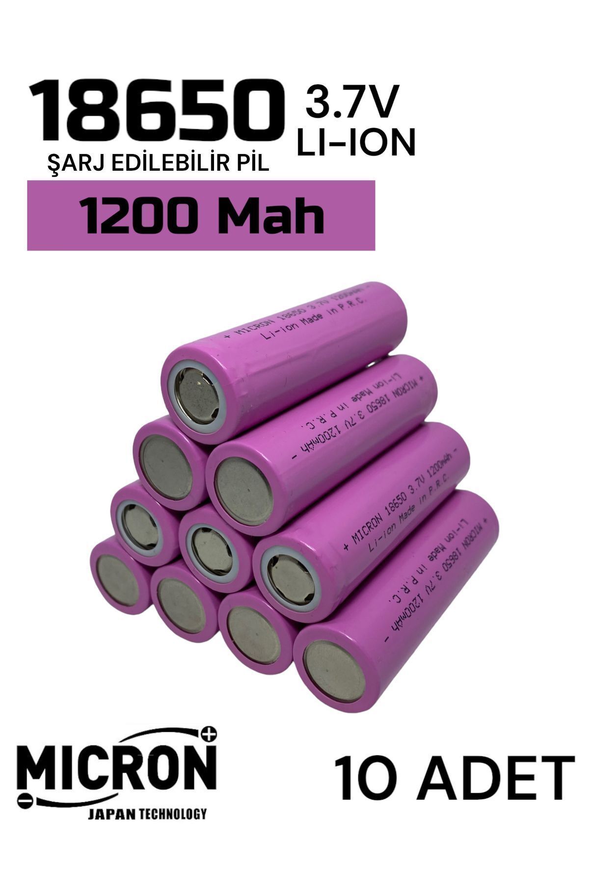10 Adet 18650 Lityum Pil (batarya) 1200 Mah (amper) 3.7 V ( Volt) Şarj Edilebilir Başsız Pil