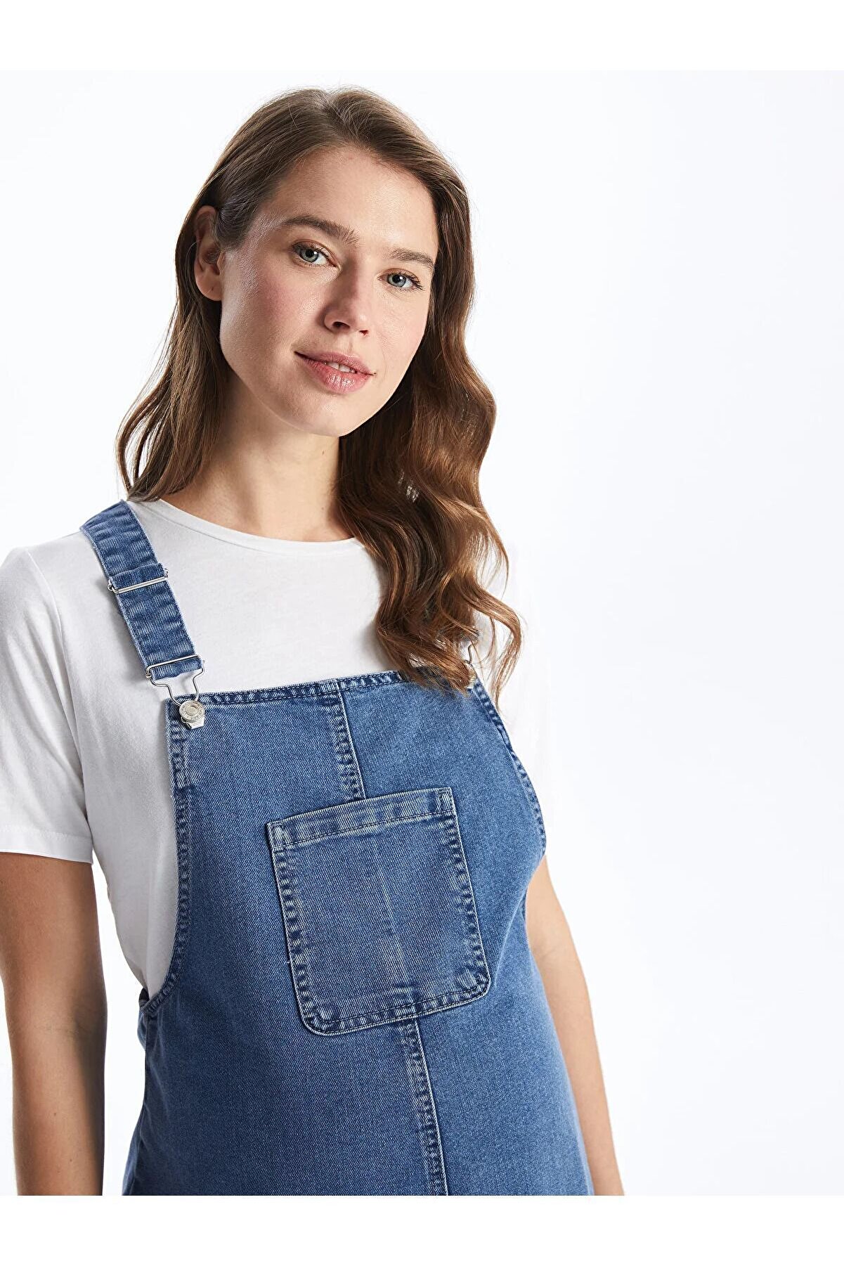 LCWAIKIKI Maternity Kare Yaka Düz Askılı Hamile Jean Salopet Elbise