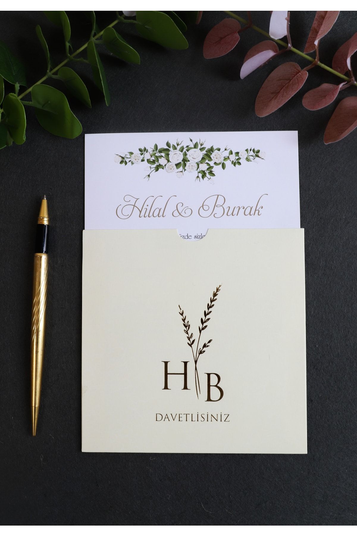 Krem Zarflı Altın Yaldızlı Düğün, Nikah, Nişan Davetiyesi (50 ADET)