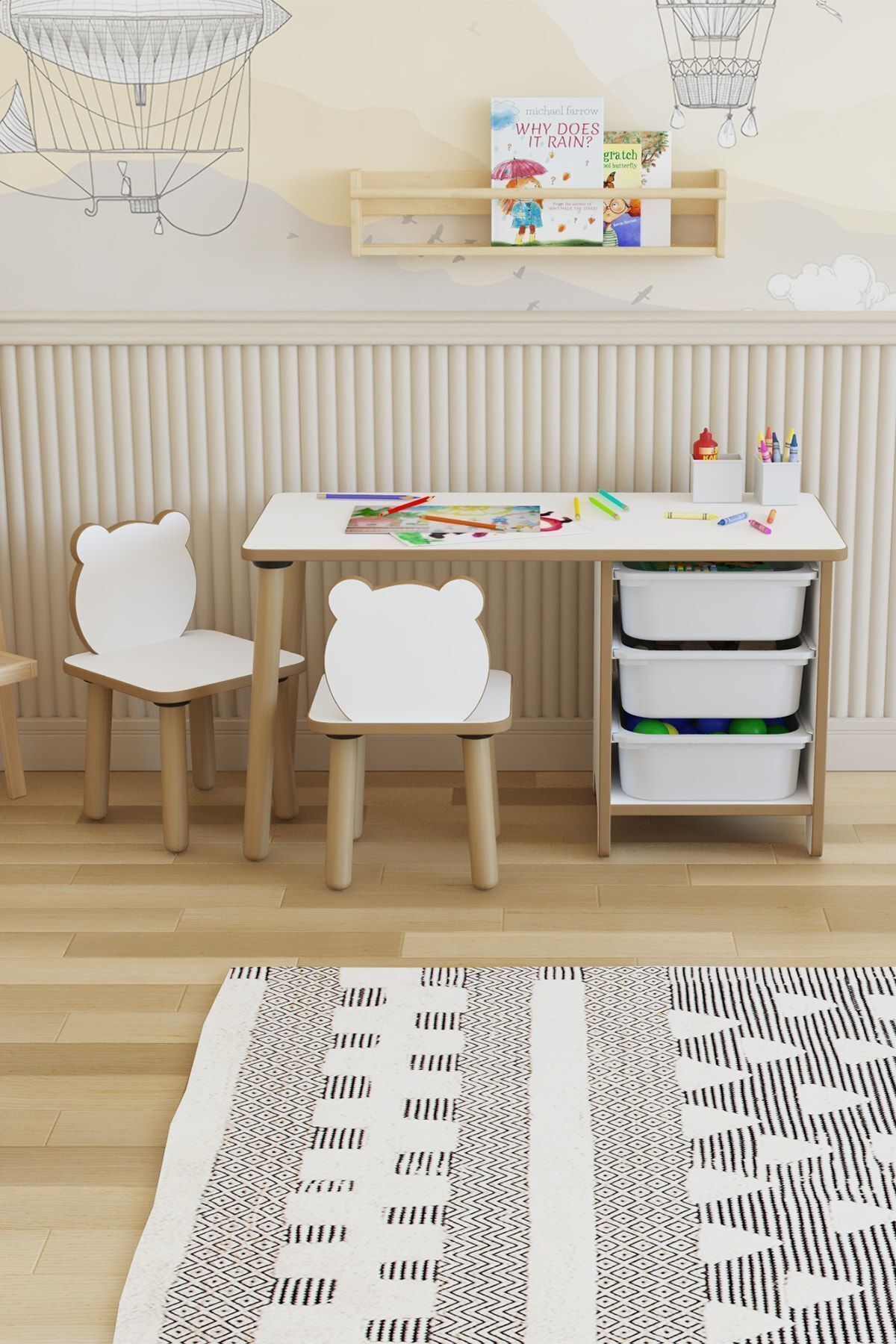 Çocuk Masa Sandalye Takımı-3 Sepetli Çalışma Ve Aktivite Masası-yaz-sil Yüzey-2 Panda Sandalye