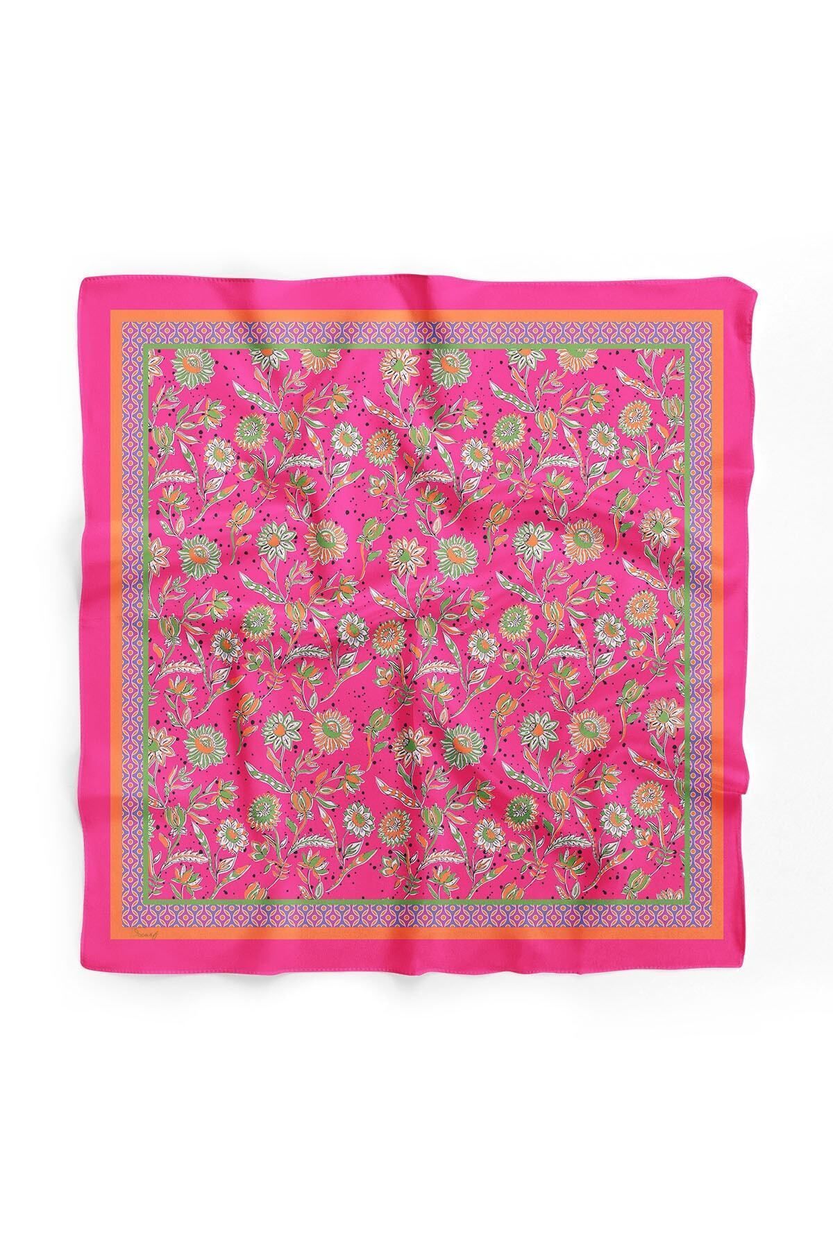 Kadın Pembe Çiçek Desenli Fular Bandana